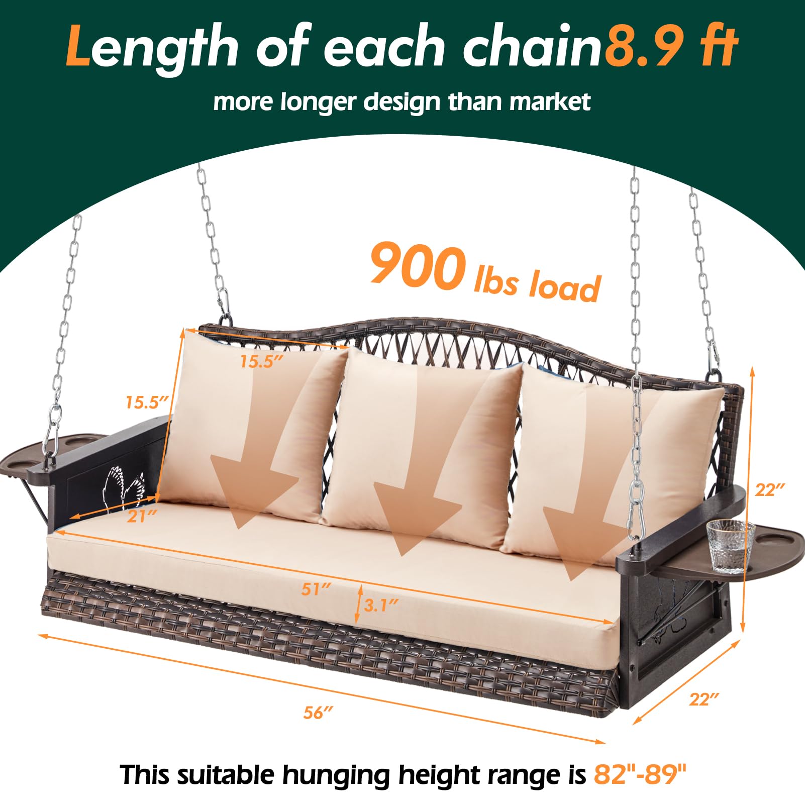 Heavy Duty 900lbs Capacity 3-Seat Wicker Hanging Porch Swing Chair with 8.9ft Chains - Outdoor Patio Swing Bench for Adults, Includes Cushions & Cup Holder - Perfect for Backyard, Garden, and Relaxation