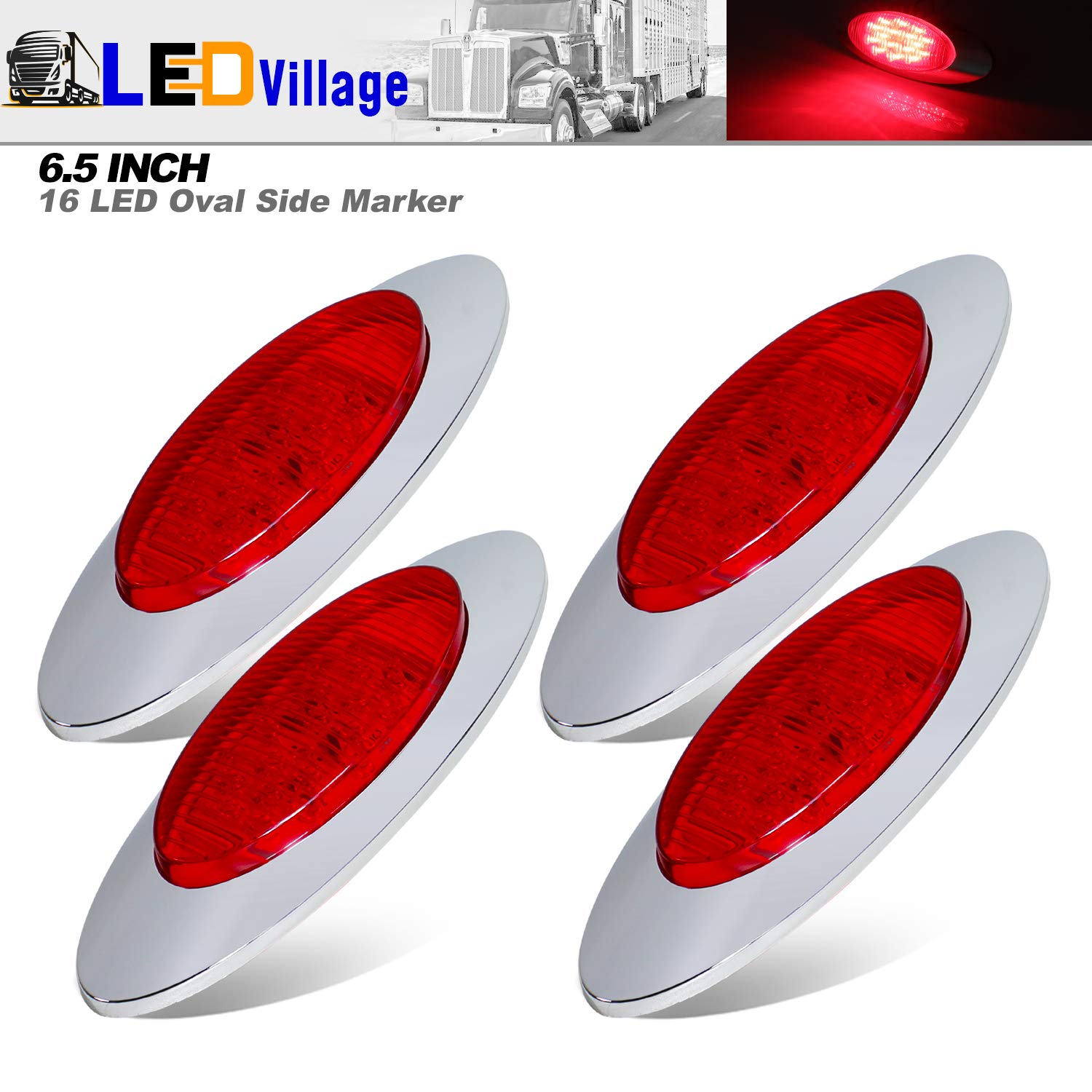 4 Pack 6.5 Inch Red LED Oval Side Marker Lights - 12V DC Waterproof with Chrome Bezel for Trucks, Trailers, Buses & Pickups - Durable Sealed Design for Roof, Cab & Panel Mounting - Perfect for Night Driving & Vehicle Safety Lighting