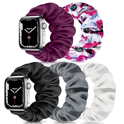 Scrunchie Watch Bands for Women - 5 Pack Soft Stretchy Elastic Replacement Bands Compatible with Apple Watch 38mm 40mm 41mm 42mm 44mm 45mm & iWatch Series 7/6/5/4/3/2/1/SE (A,S-Size) - Perfect for Workouts, Yoga, Running & Everyday Wear