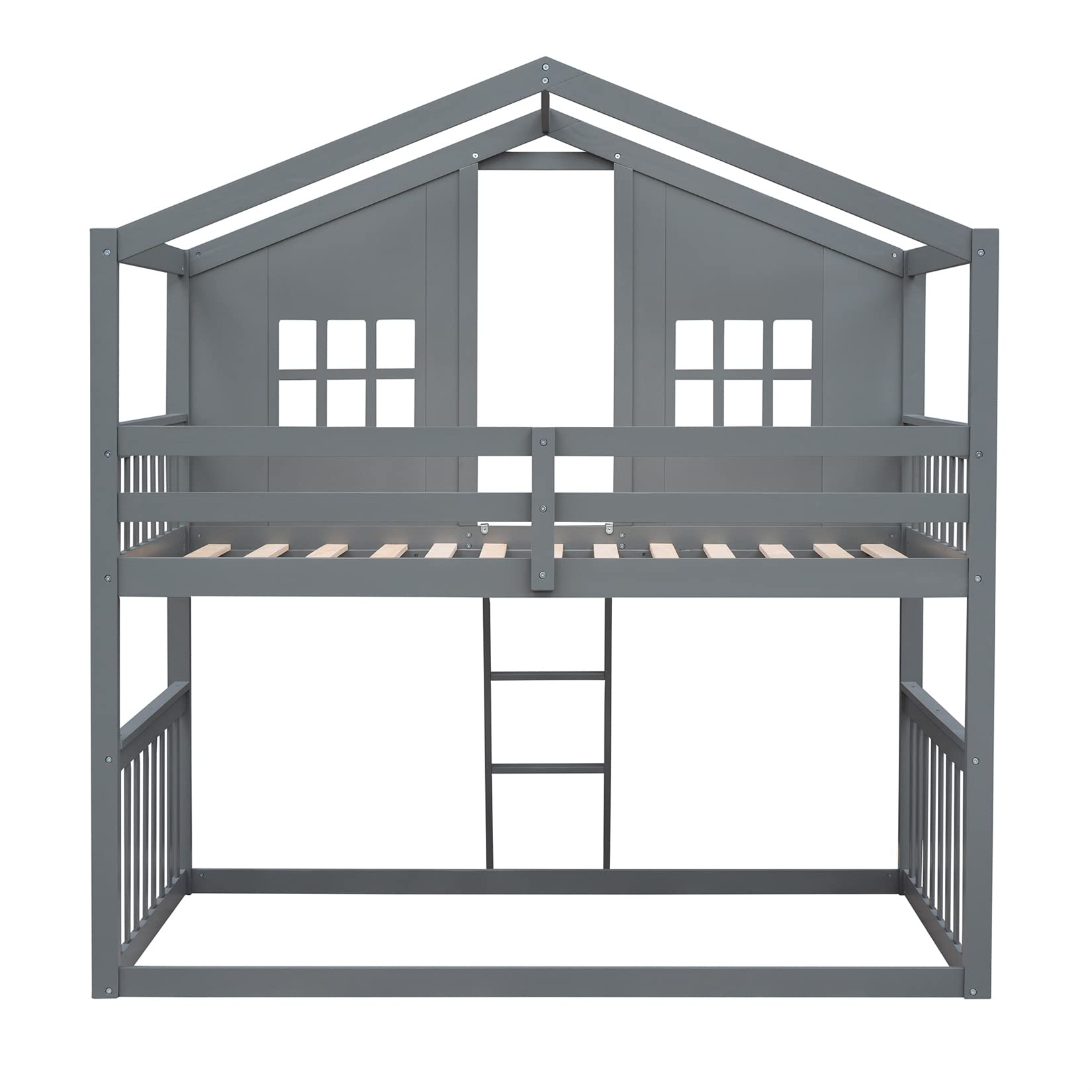 Bellemave Twin Over Twin Low Bunk Beds - Wooden Playhouse Loft Bed Frame for Kids, Boys, Girls & Teens - Space-Saving Gray Bunk Bed for Small Rooms, Shared Kids Bedroom & Sleepovers