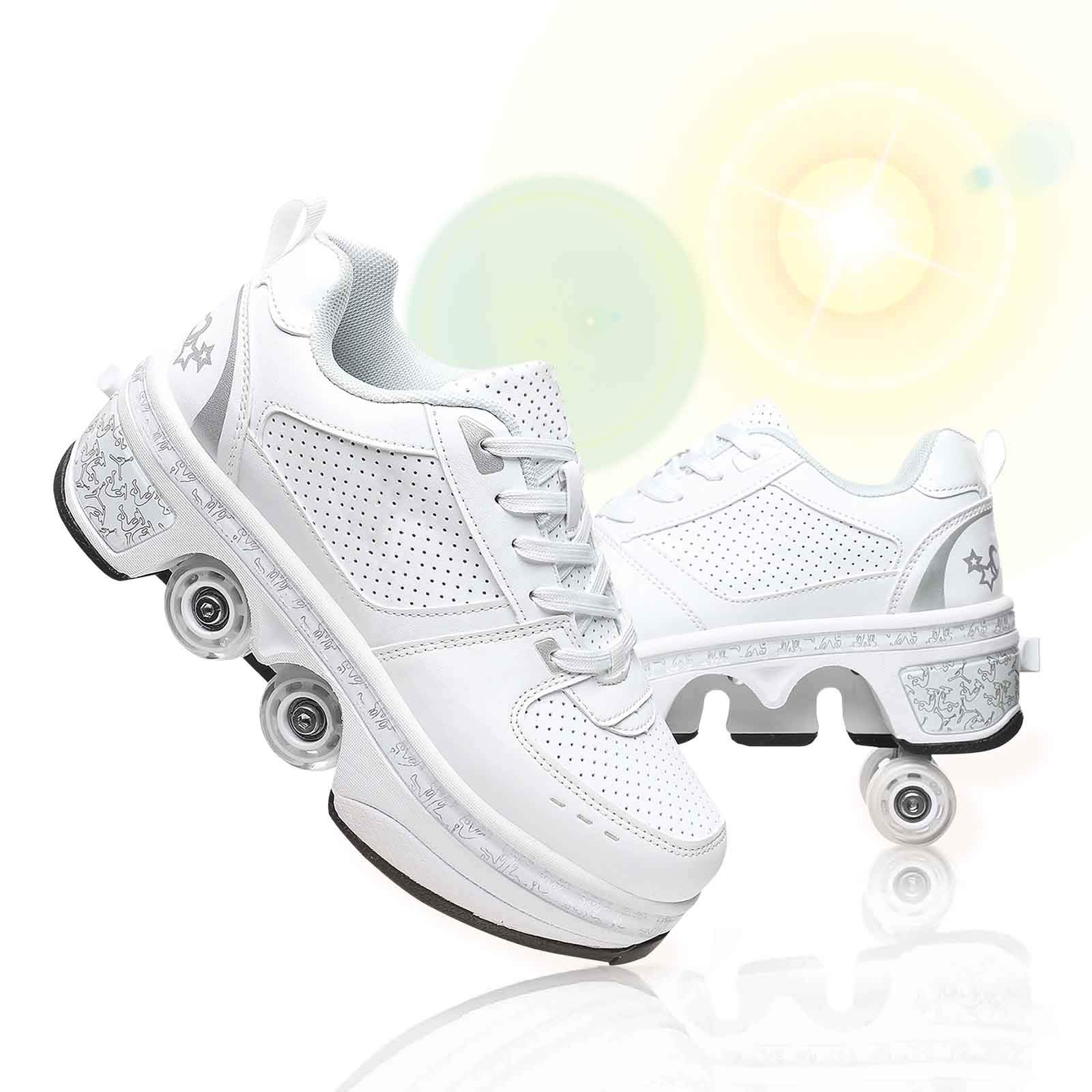 Adult Roller Skate Shoes - 2-in-1 Convertible Quad Wheel Skates for Parkour & Fitness | Invisible Double-Row Wheels for Smooth Automatic Walking | Perfect for Outdoor Sports, Commuting & Fun Activities