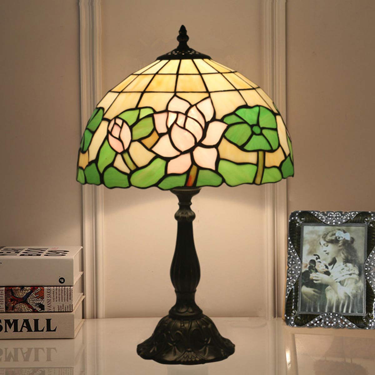 Tiffany Style Stained Glass Table Lamp - Pink Lotus & Green Leaves Design, 19.3 Inch Tall Resin Base Bedside Lamp for Living Room, Bedroom, Office, or Reading Nook - Perfect for Home Decor, Ambient Lighting & Relaxation
