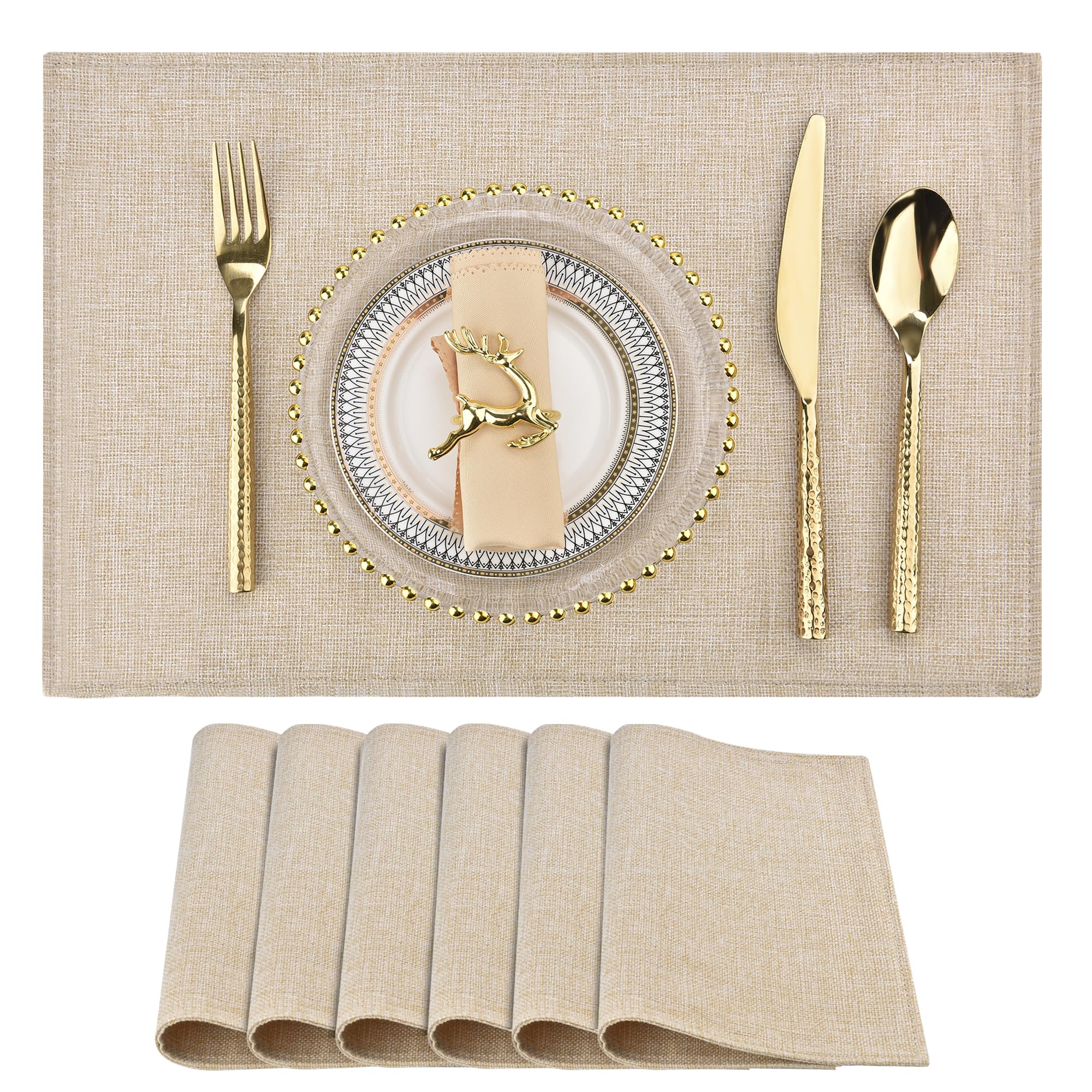Premium Beige Fabric Placemats Set of 6 - Washable & Heat Resistant Table Mats - Non-Slip Dining Table Decor for Everyday Use & Dinner Parties (Beige, 6 Pack)