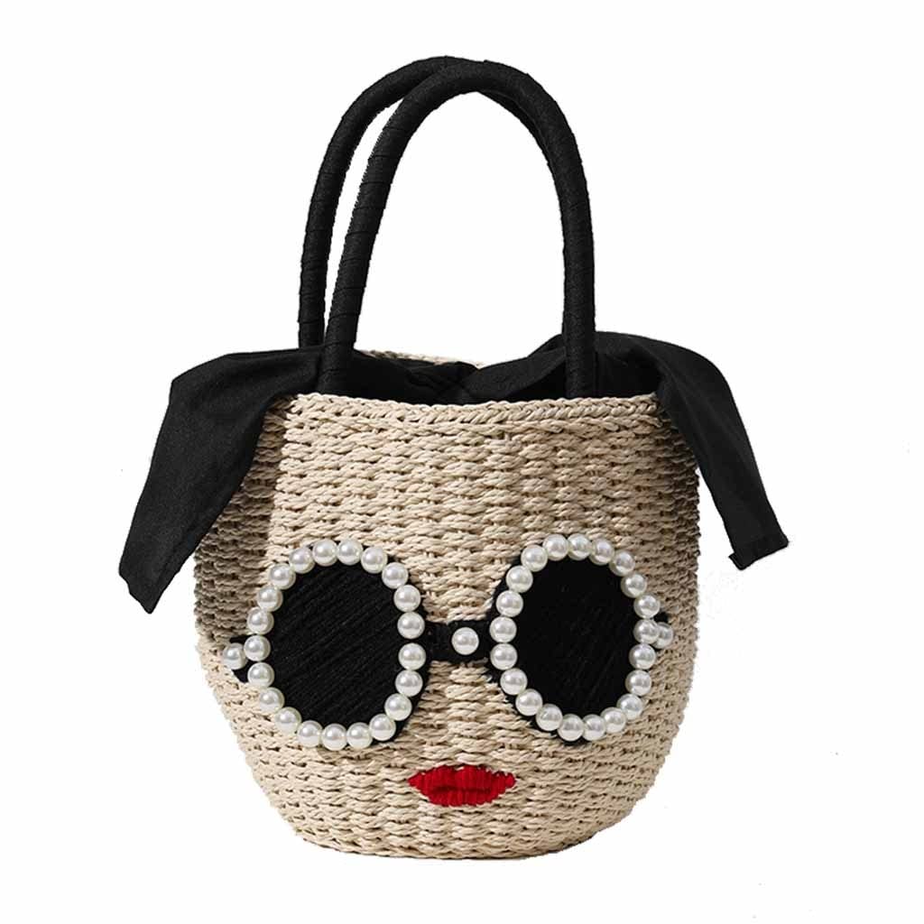 Stylish Women's Straw Bucket Bag with Red Lips & Glasses Design - Fashionable Rattan Beach Bag for Summer Vacation, Travel & Outdoor Activities (Color: 01)