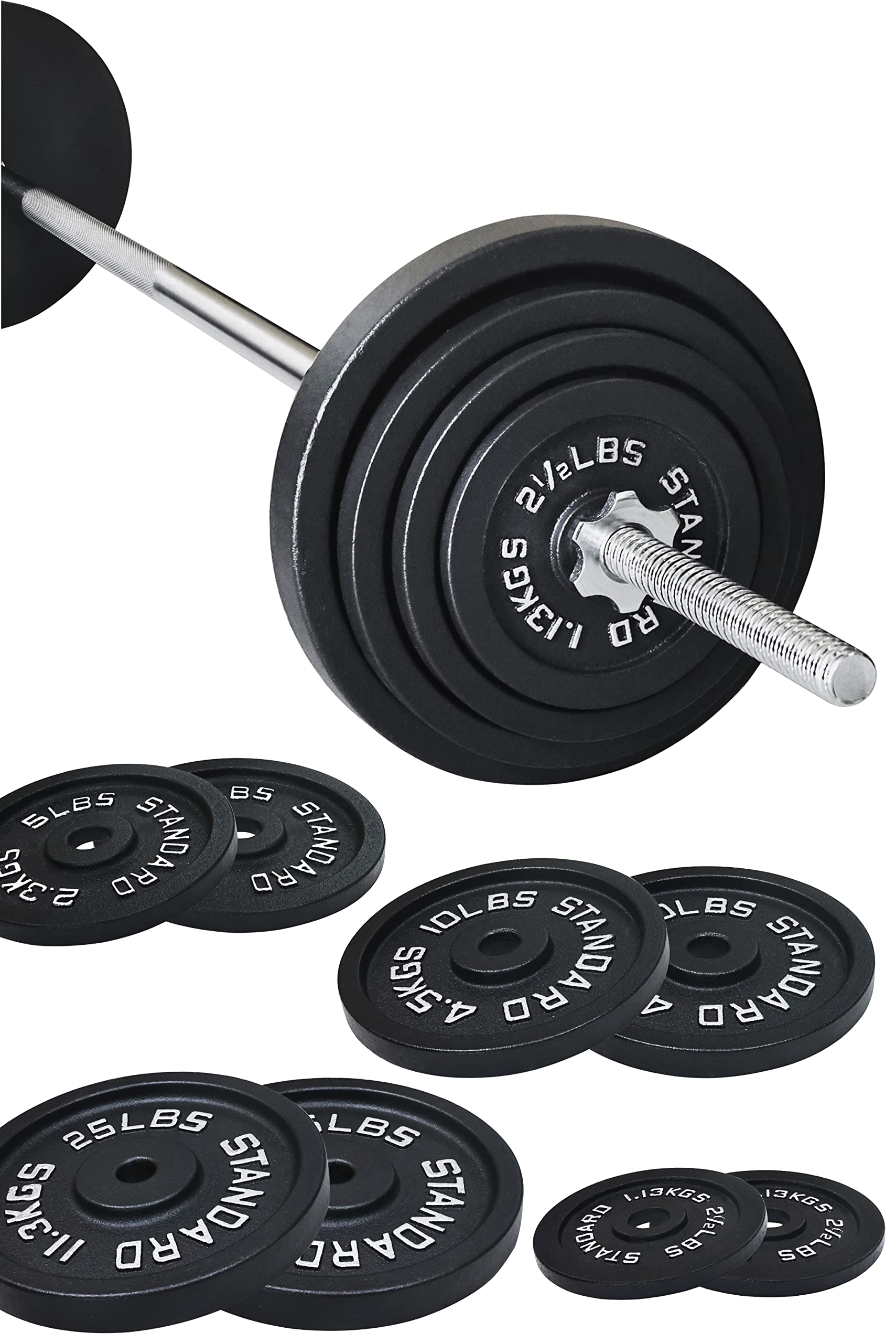 Cast Iron Standard Weight Plates Set with 5FT Barbell & Star Locks - 95LB Total (85LB Plates + 10LB Barbell) for Home Gym, Strength Training & Weightlifting - Multiple Styles Available