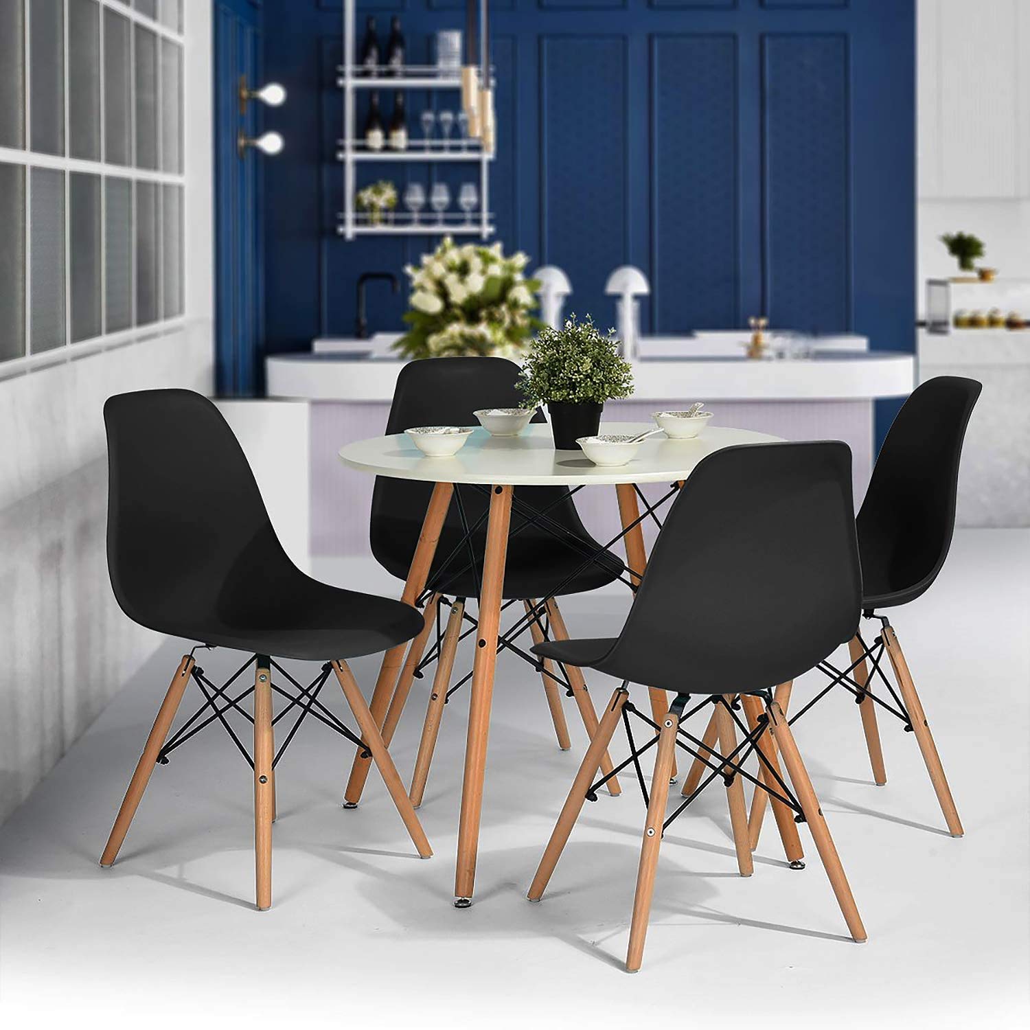 Furniwell Mid Century Modern Dining Chairs Set of 4 - Pre-Assembled Plastic Shell Lounge Side Chairs for Kitchen, Dining Room & Office (Black) - Comfortable Seating for Home & Commercial Use