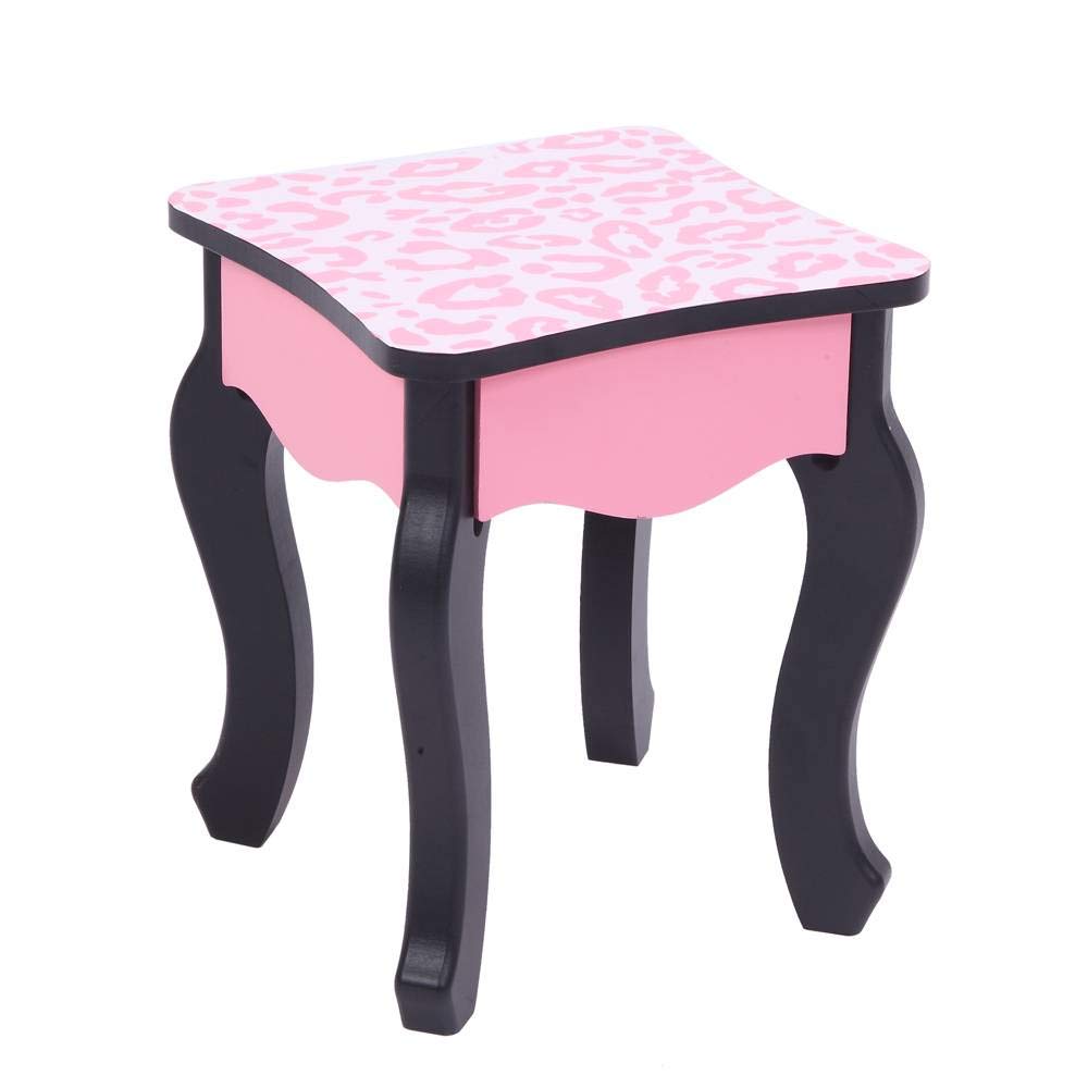 Pink Leopard Print Wooden Kids Vanity Set with Three-Fold Mirror & Drawers - Girls Makeup Table and Chair - Perfect for Pretend Play, Birthday Gifts & Bedroom Decor
