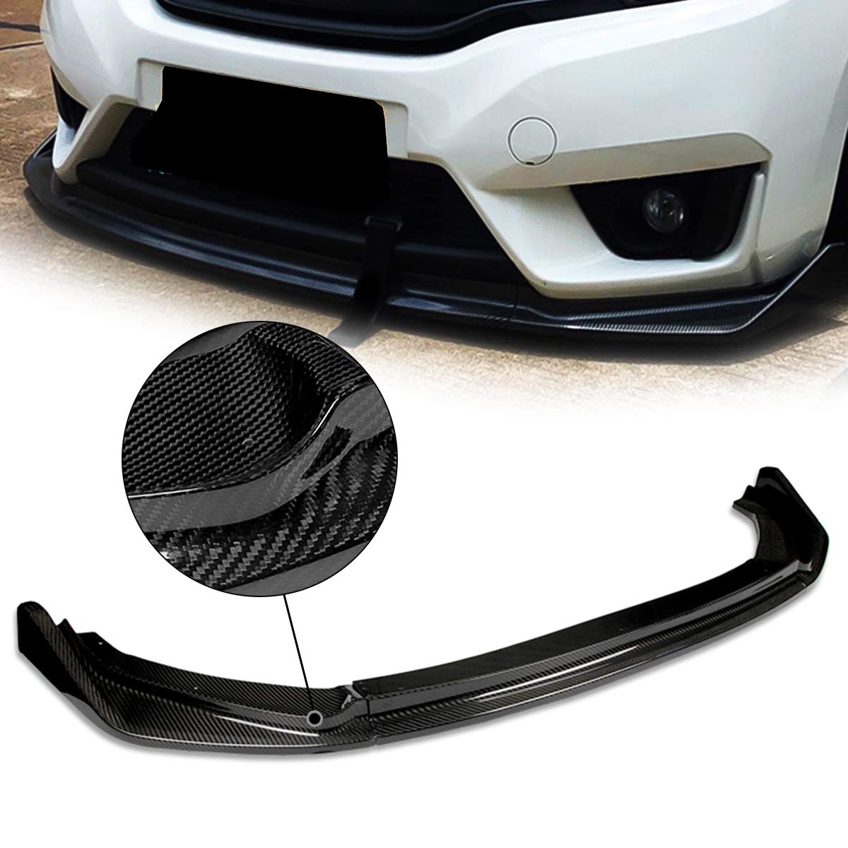 Auto Dynasty 3Pcs Real Carbon Fiber Front Bumper Lip Spoiler Wing Body Kit for 2014-2017 Honda Fit - Enhance Style & Aerodynamics for Street Racing & Car Shows