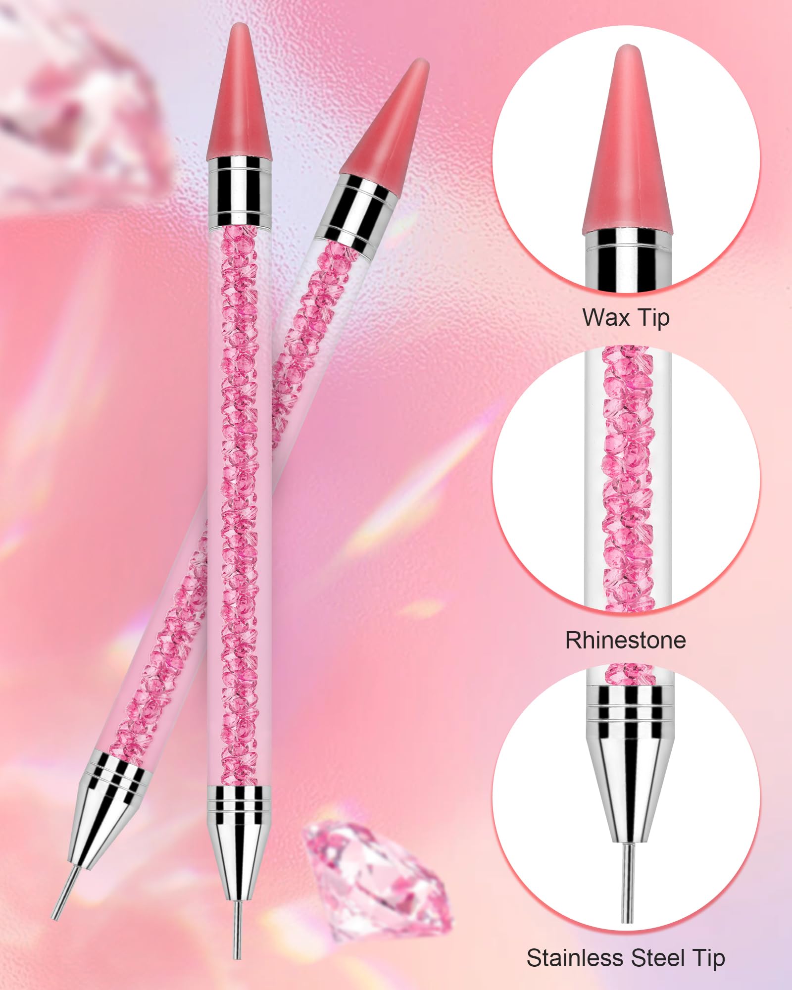Rolybag Dual-Ended Rhinestone Picker & Applicator Tool with 4 Replaceable Wax Tips & Tweezers - Perfect for DIY Nail Art, Jewelry Making & Craft Projects (Pink)