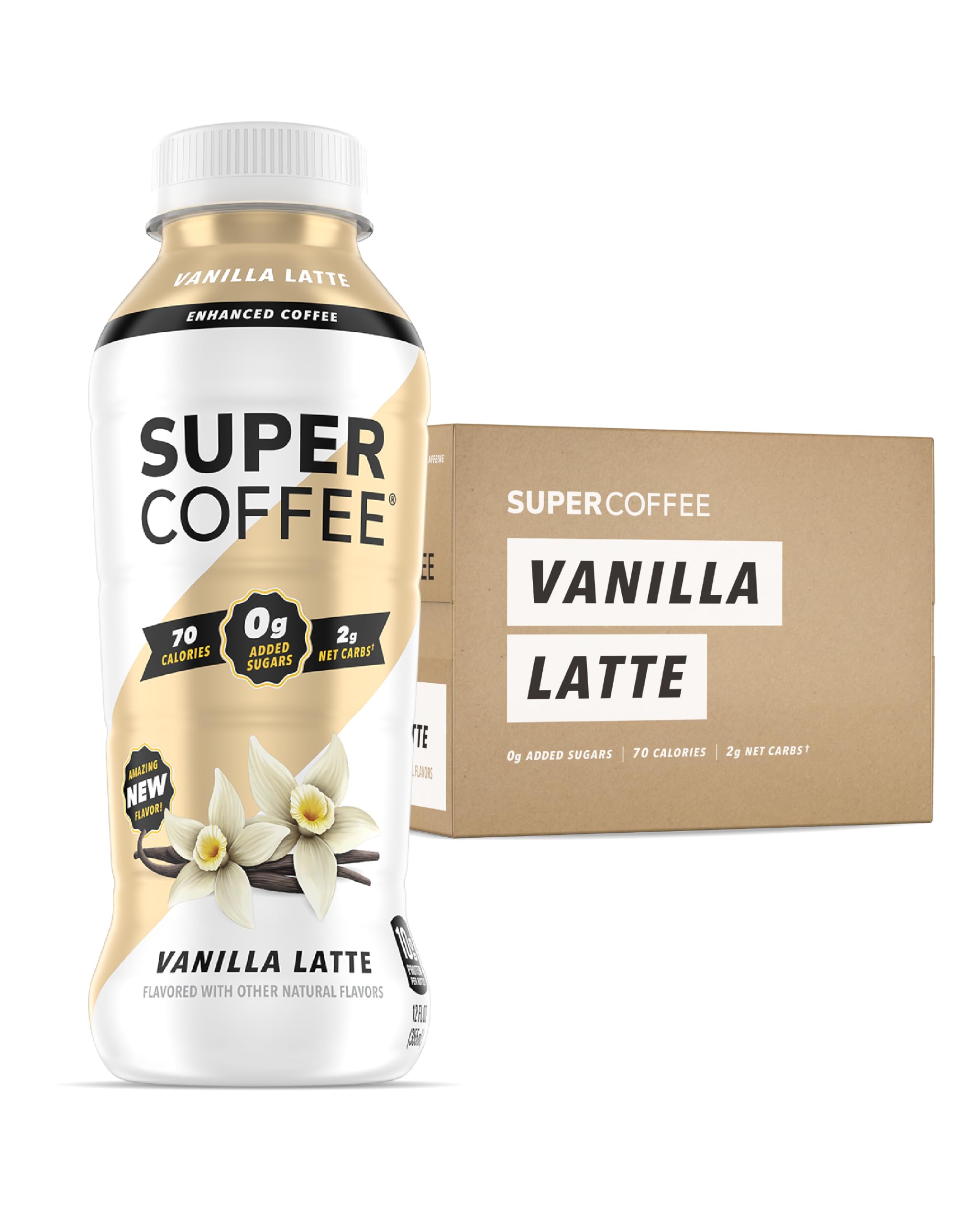 Super Coffee Ready To Drink Iced Coffee - Vanilla Latte (12oz Bottles, Pack of 12) | Low Carb, Sugar Free, Keto Friendly Protein Coffee with 10g Protein & Low Calories | Perfect for Breakfast, Office Snack or Post-Workout Energy Boost