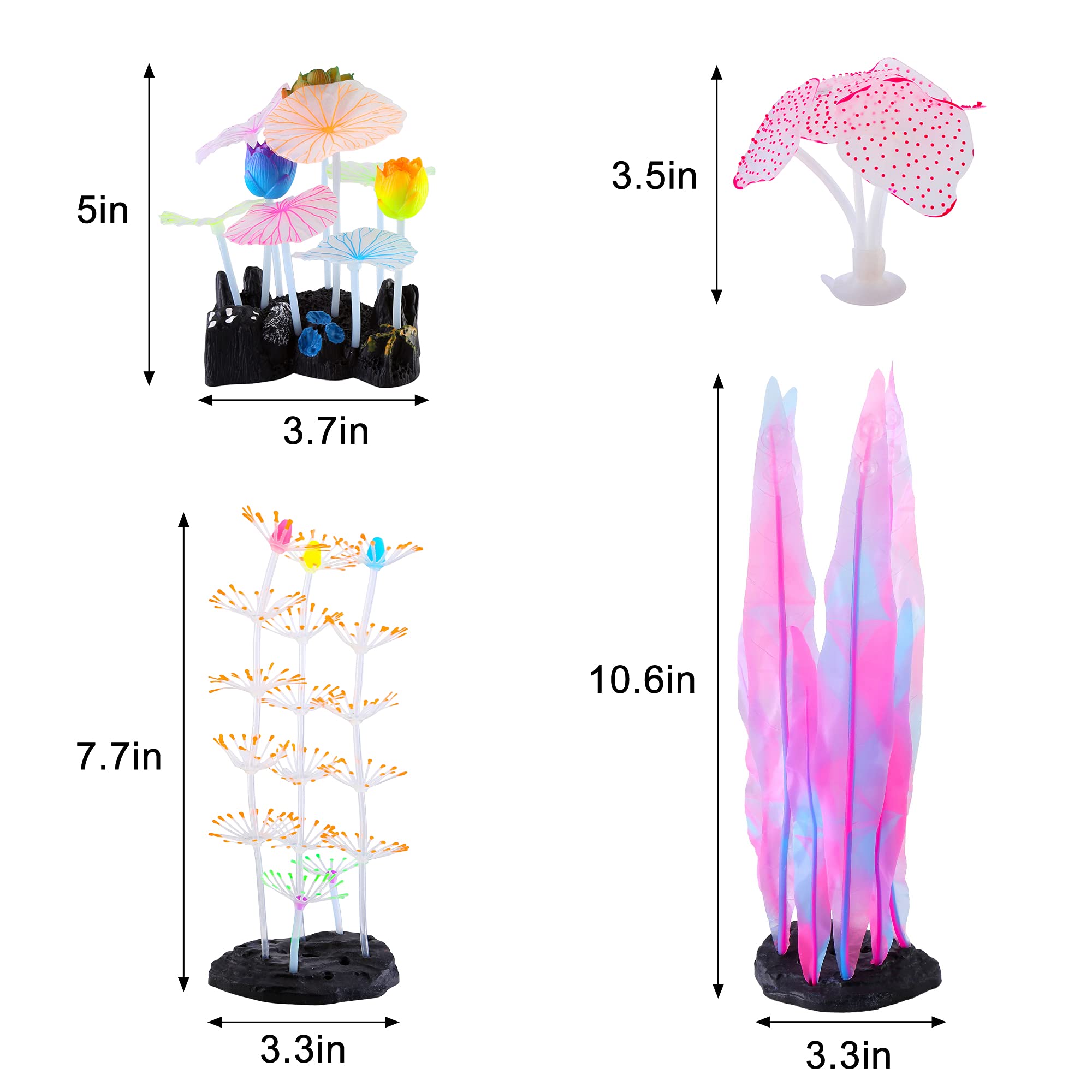 4-Piece Glowing Fish Tank Decor Set - LED Aquarium Plants, Coral, Lotus & Anemone Decorations for Freshwater & Saltwater Tanks | Perfect for Night Viewing, Themed Aquascaping & Enhancing Fish Habitat