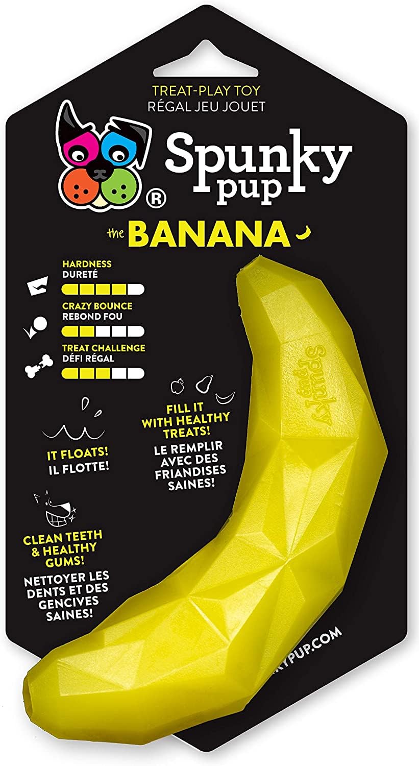 Spunky Pup Banana Treat Dog Toy - Healthy Dental Chew for Small Dogs | Non-Toxic, Dishwasher Safe & Floating Interactive Toy | Fill with Treats for Mental Stimulation | Perfect for Indoor Play, Backyard Fun & Pool Time