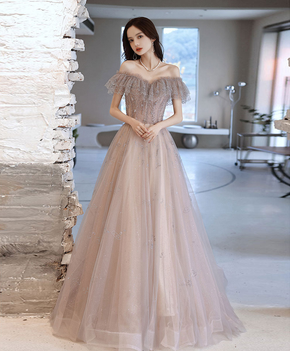 Elegant A-Line Tulle Lace Off-Shoulder Long Prom Dress for Formal Events - Perfect for Homecoming, Wedding Guest & Evening Gala