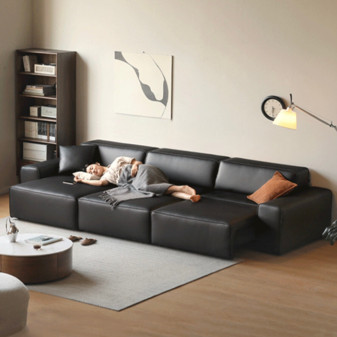 Organic Leather Art Sofa with Retractable Bed - Big Black Bull Electric Sofa Bed for Living Room, Guest Room & Small Space Comfort