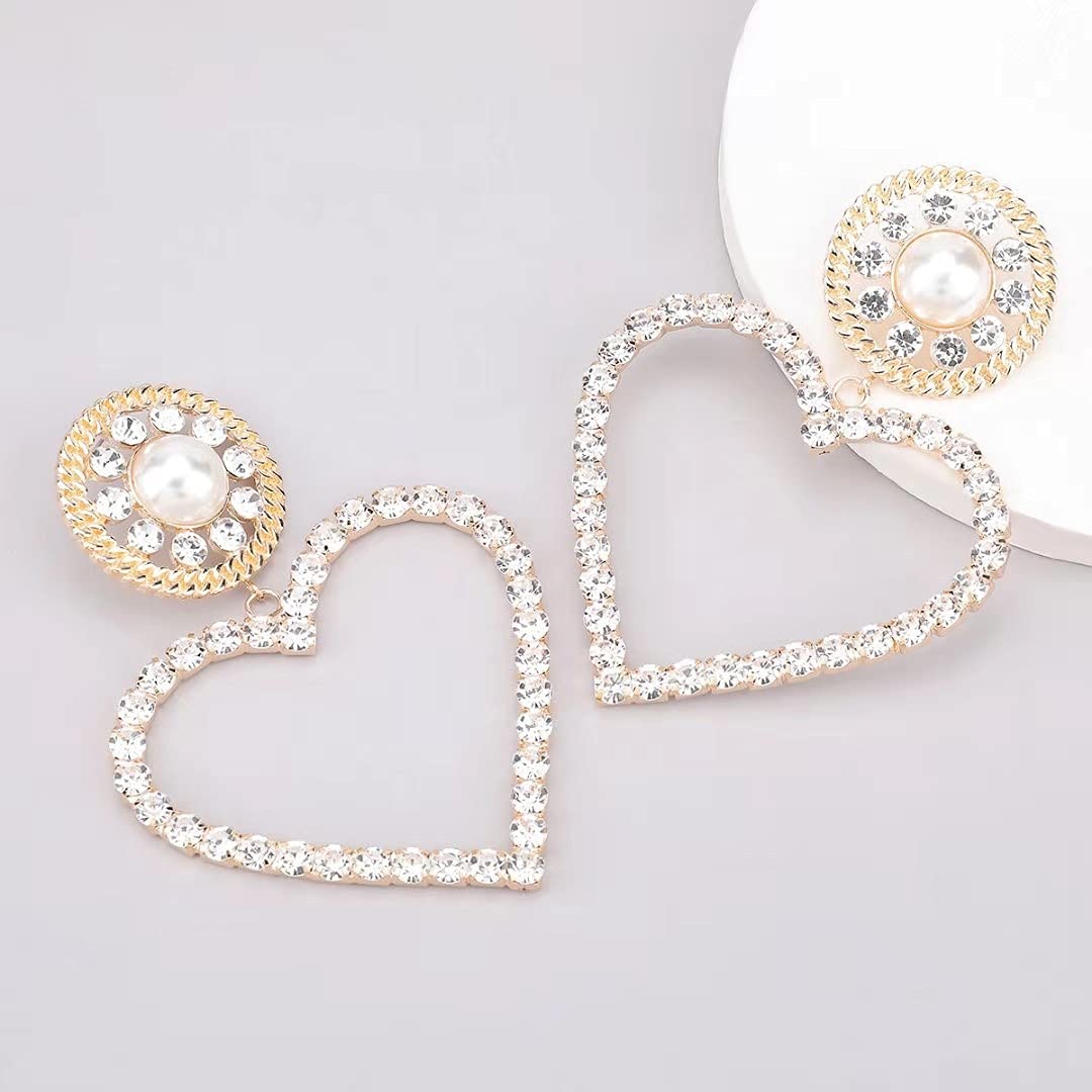 Wiwpar Large Rhinestone Heart Hoop Earrings - Sparkling Love Heart Drop Earrings for Women in Gold | Perfect for Valentine's Day, Date Night & Special Occasions