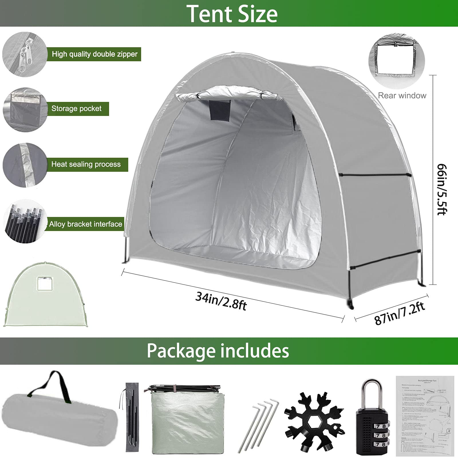 Waterproof Bike Storage Tent Cover - Portable Outdoor Bicycle Shelter with Snowflake Tool & Lock for 2 Bikes/Tricycle/Gardening Tools (Silver Gray) - Perfect for Garage, Backyard & Camping Protection