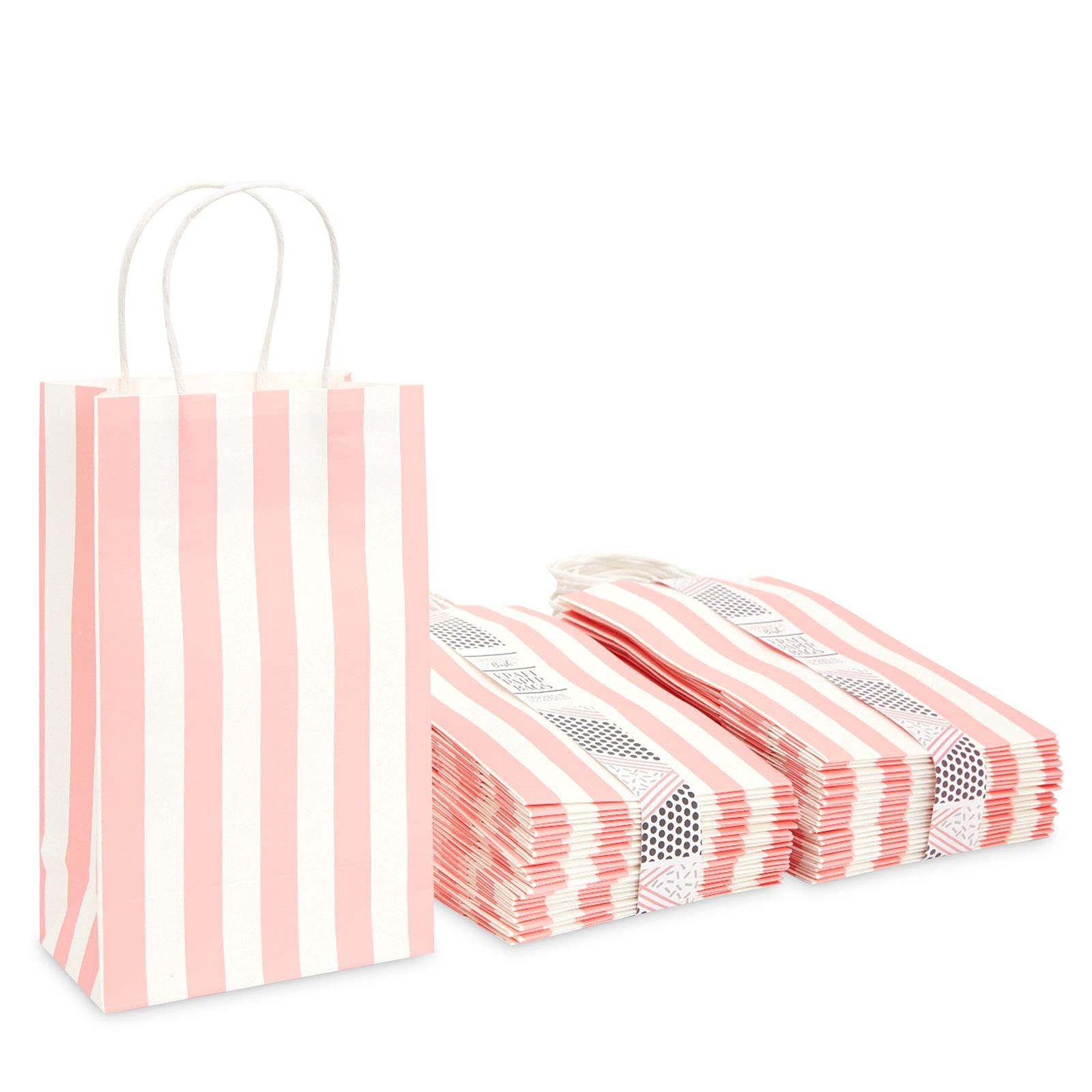 50 Pack Pink Striped Party Favor Gift Bags with Handles - Perfect for Girls Birthday Party, Baby Shower Favors, Bridal Shower Gifts & Kids Celebration Events