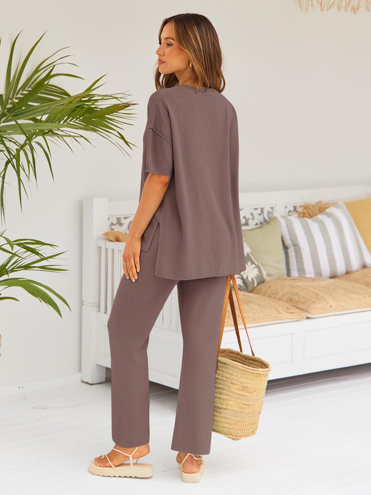 LILLUSORY Women's 2-Piece Lounge Set - Soft Knit Short Sleeve Top & Elastic Waist Pajama Pants | Cozy Matching Outfit for Home, Sleepwear, Yoga & Casual Wear