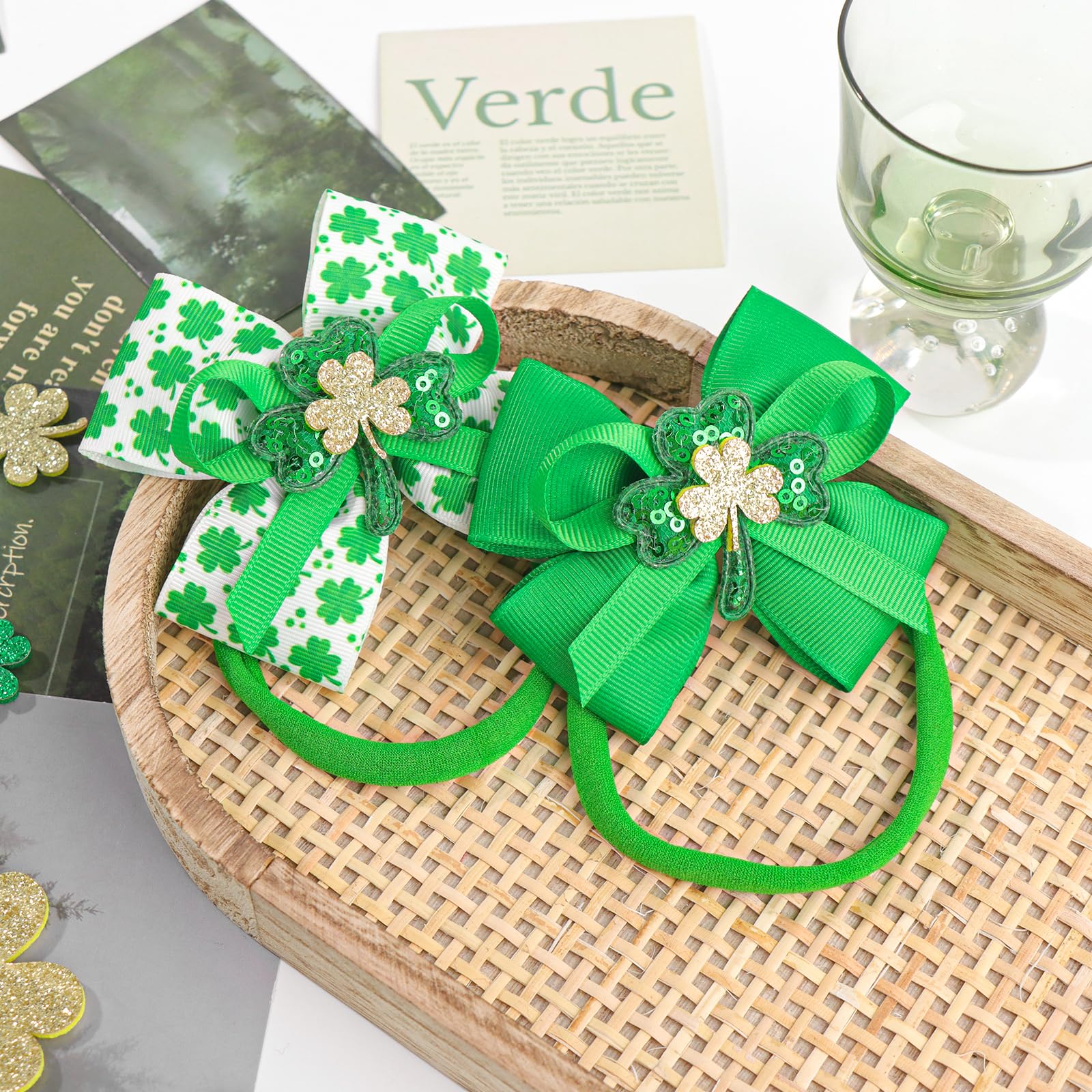 St. Patrick's Day Baby Bows - Green Shamrock Headbands with Golden Sequin Bows | Elastic Hair Accessories for Girls, Infants, Toddlers & Newborns | Perfect for St. Patrick's Day Outfits, Photo Shoots & Holiday Celebrations