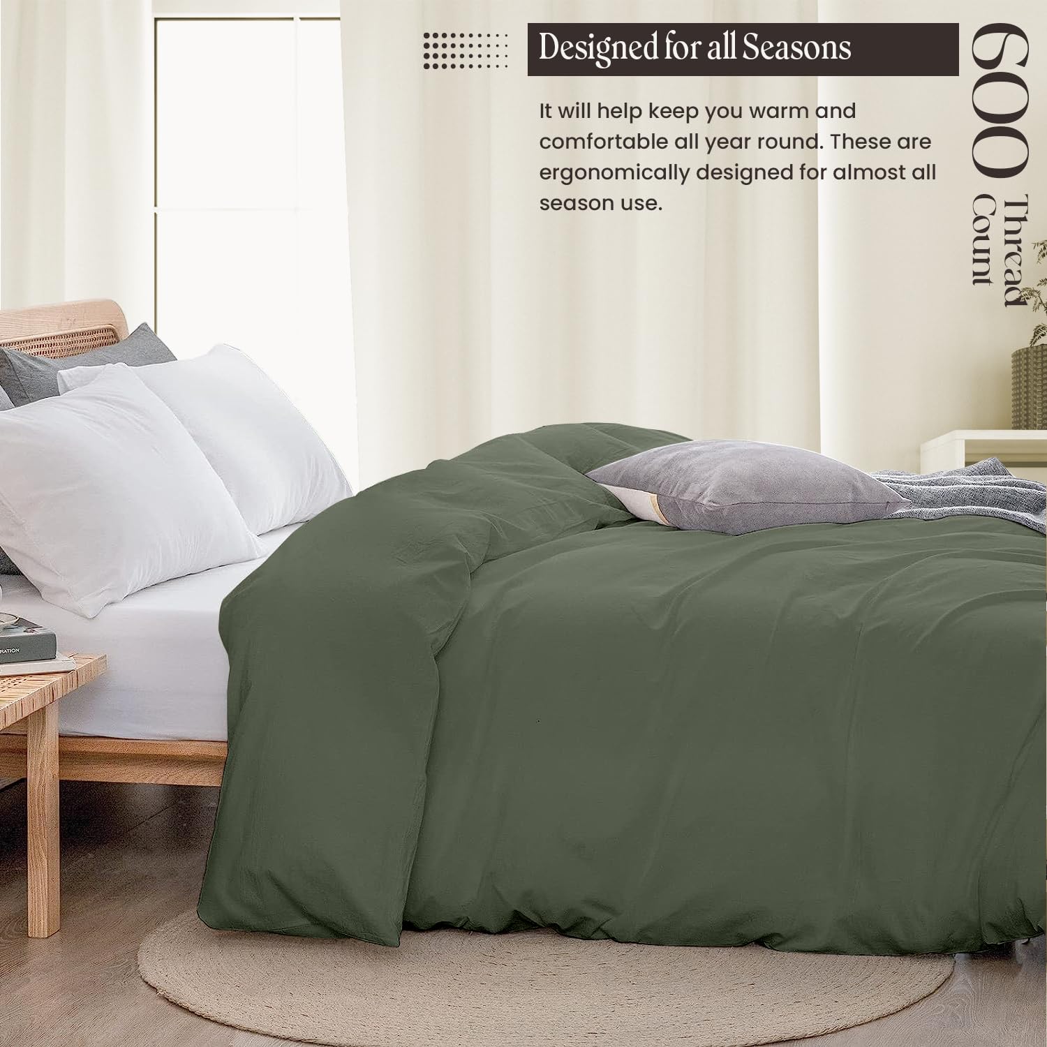 Premium 600 Thread Count King/Cal King Size Duvet Cover Set - 3 Piece Soft & Breathable Bedding with Zipper Closure & Corner Ties - Moss Green - Perfect for Luxury Bedrooms, Guest Rooms & Hot Sleepers