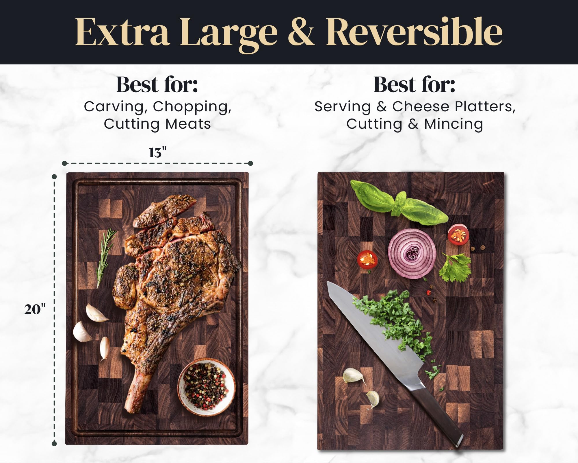 Premium Walnut Wood Cutting Board for Kitchen - Reversible Chopping Board with Juice Grooves & Handles - 20