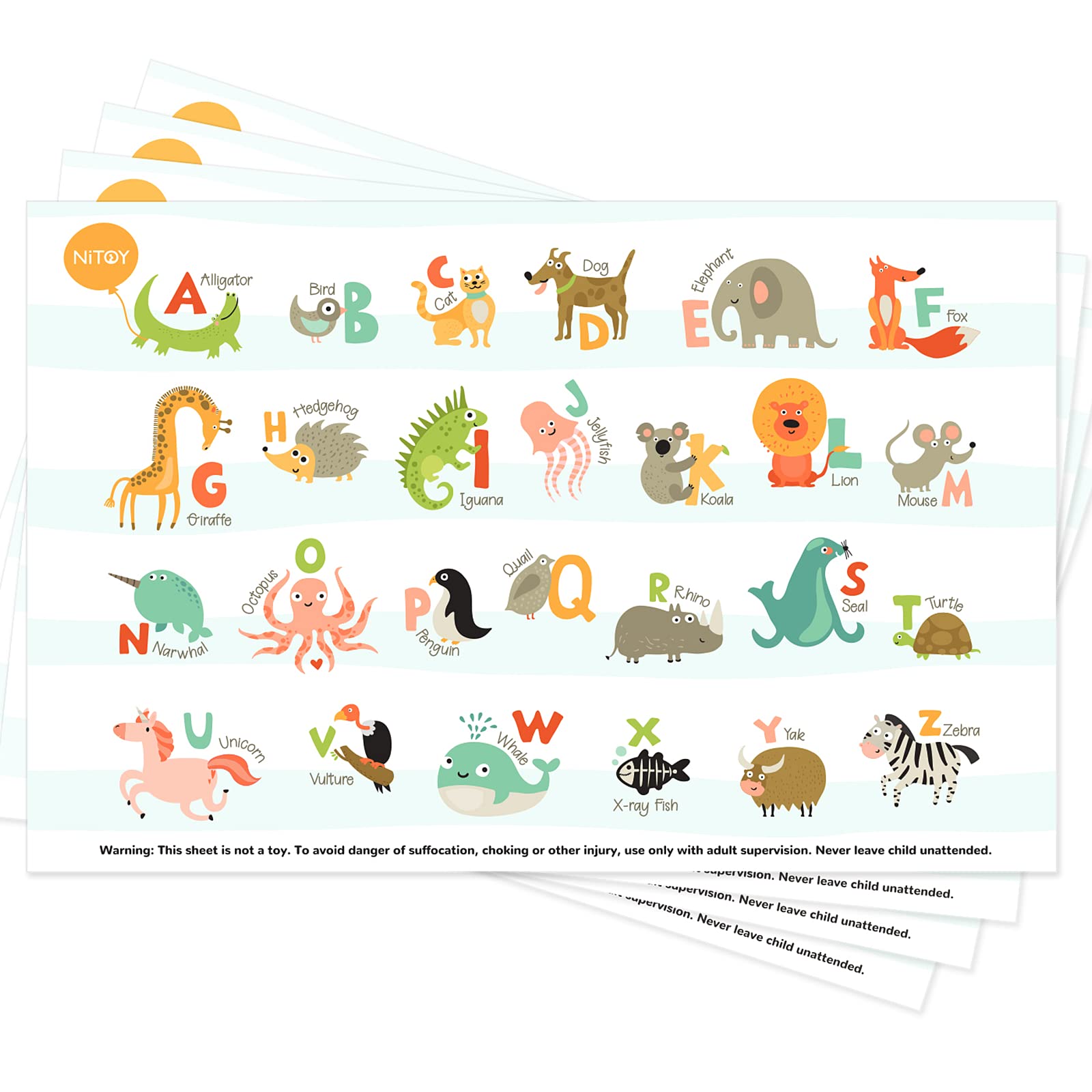 55 Pack Disposable Baby Placemats - Sticky Table Mats with ABC Animal Alphabet Design - Perfect for Restaurants, Travel & Toddler Dining Essentials - Ideal for Mess-Free Meals On-the-Go