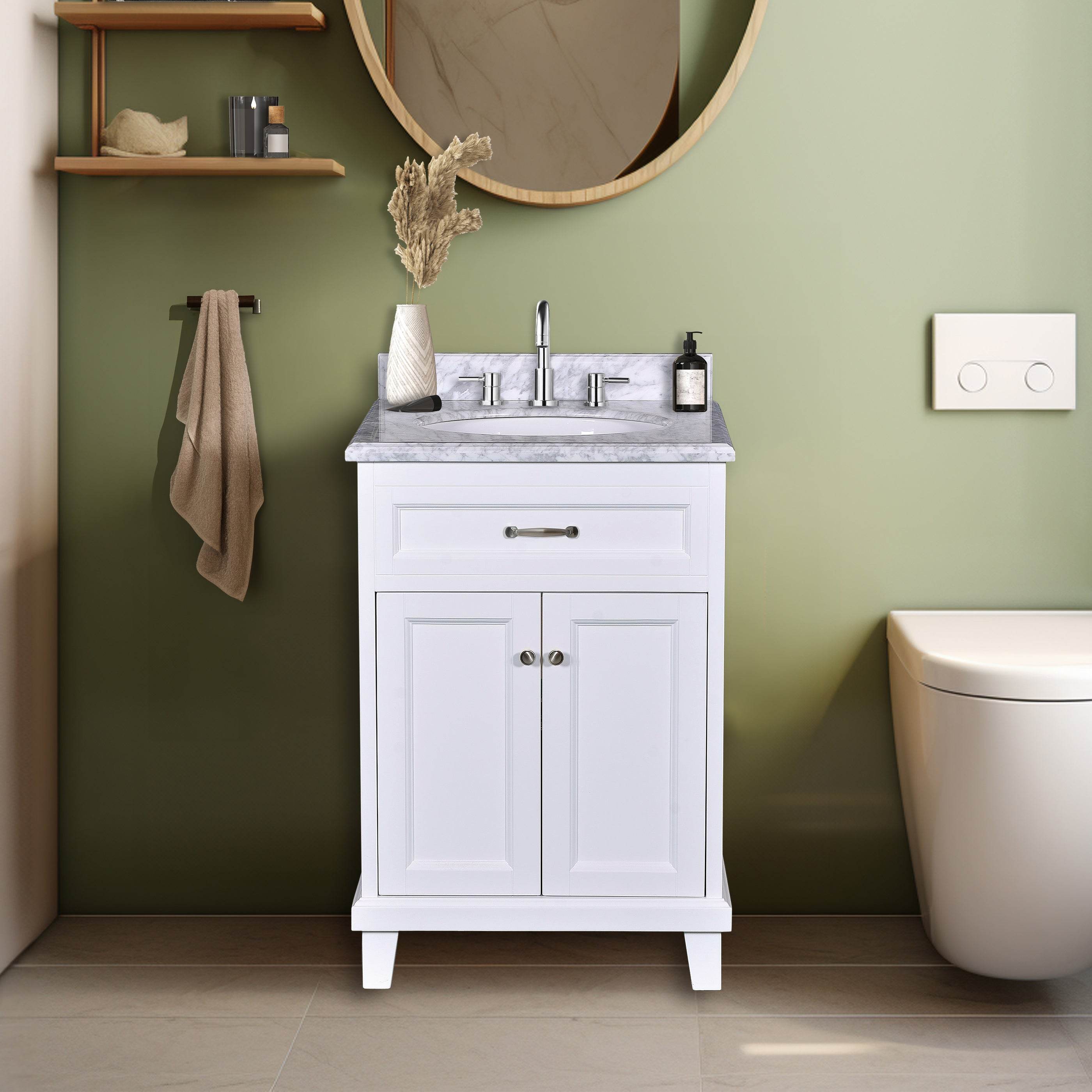 White Bathroom Vanity with Solid Wood Frame & Carrara Marble Top - 3 Size Options for Modern Bathroom Decor | Perfect for Master Bath, Guest Bath & Small Space Remodeling