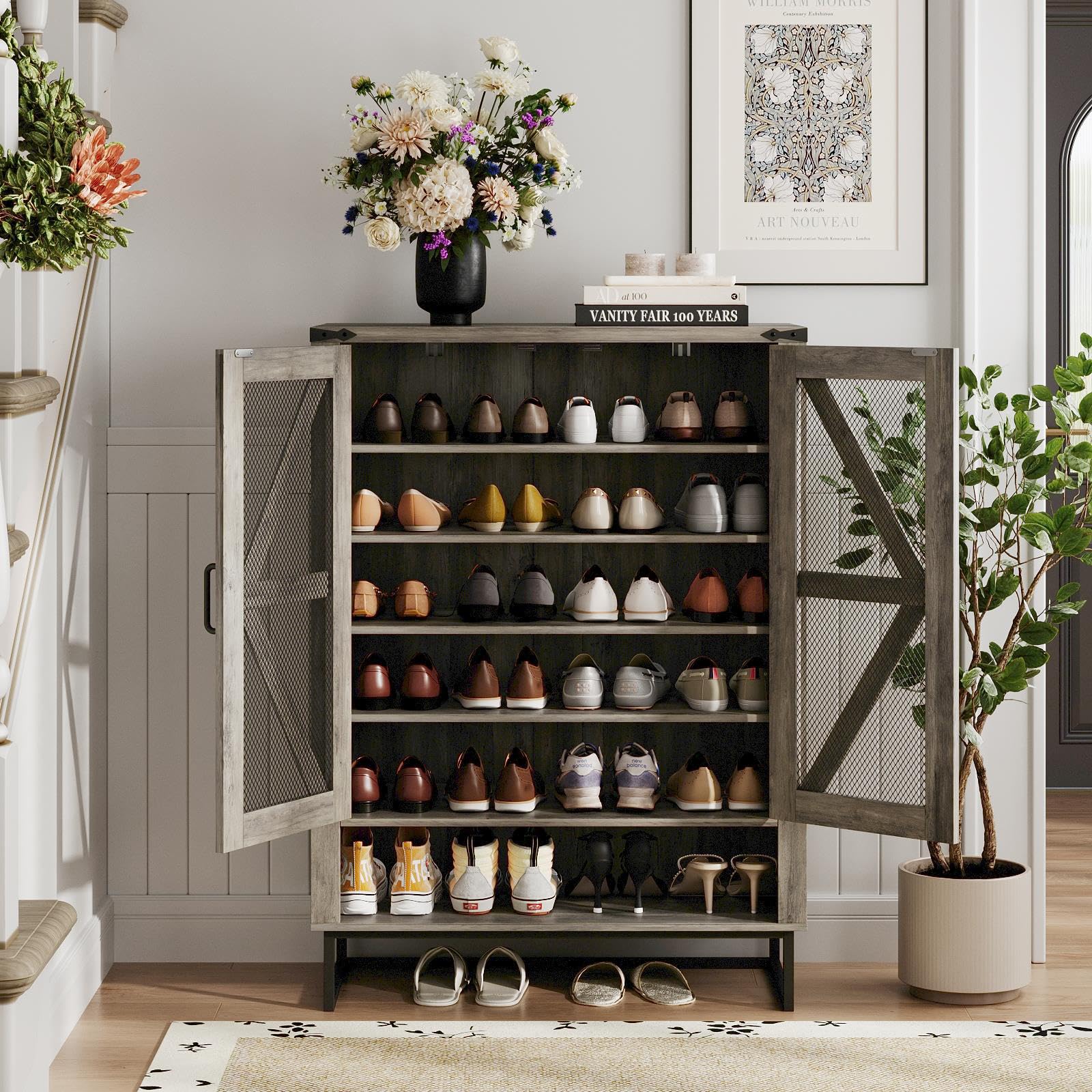 Maupvit 6-Tier Farmhouse Shoe Cabinet with Doors - Adjustable Shelves & Sturdy Metal Legs, Rustic Entryway Hallway Storage Organizer for Shoes, Boots & Accessories | Perfect for Living Room, Closet & Mudroom Organization