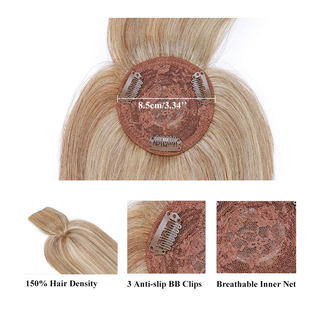 MY-LADY Clip-In Human Hair Topper with Bangs - 150% Density Natural Mono Base, 100% Real Human Hair, Straight Middle Part for Thinning Hair & Hair Loss, 18 Inch #12/613 Blonde - Perfect for Daily Wear, Special Occasions & Hair Volume Enhancement