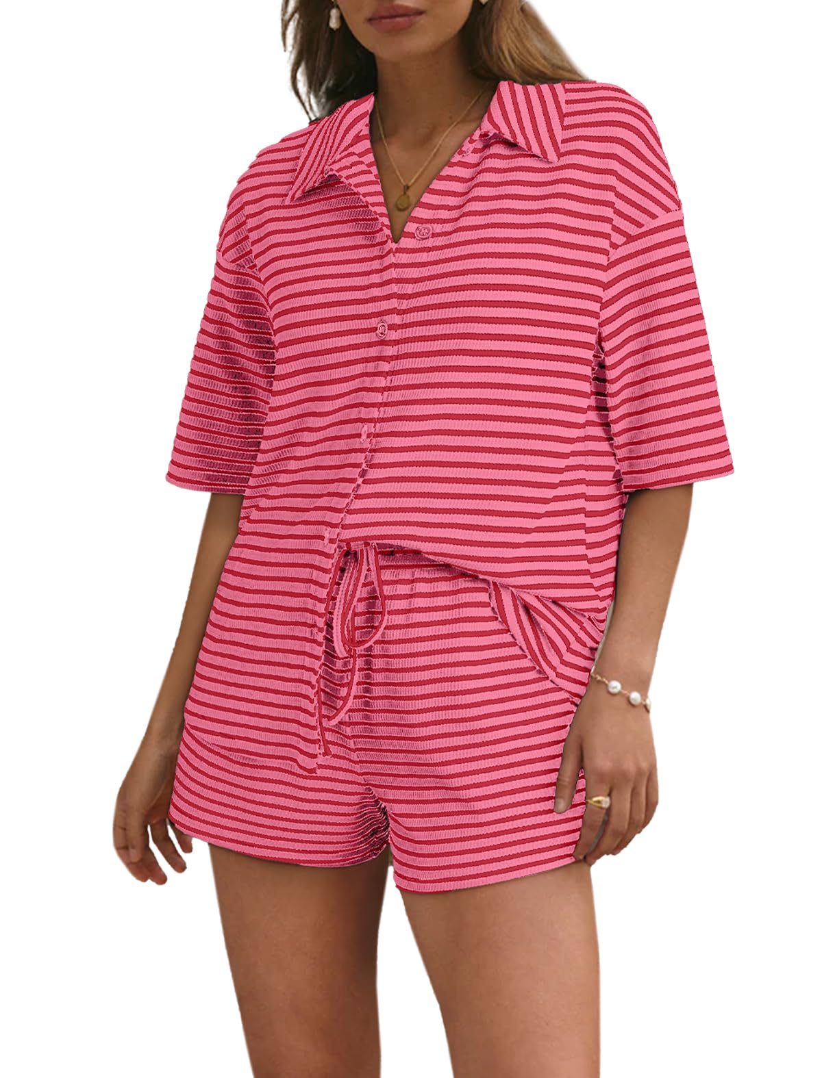 SHEWIN Women's Pajama Sets - Soft Short Sleeve 2 Piece Lounge Set for Summer, Comfortable Sleepwear & Loungewear - Perfect for Bedtime, Relaxing at Home, or Vacation Outfits