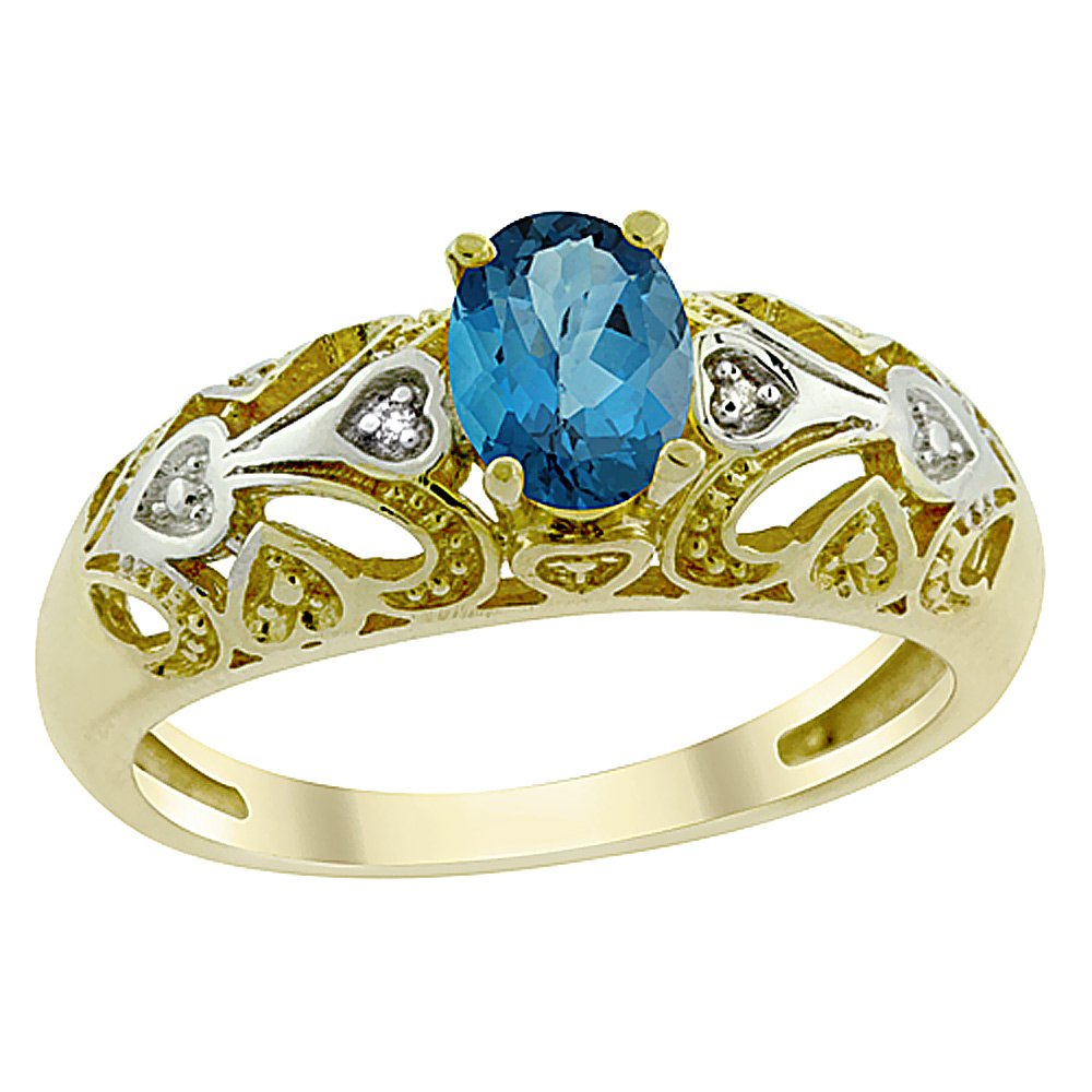 10K White Gold Natural London Blue Topaz Ring with Oval 6x4mm Diamond Accent - Sizes 5-10 | Elegant Birthstone Jewelry for Women, Perfect Gift for Anniversary, Engagement & Special Occasions