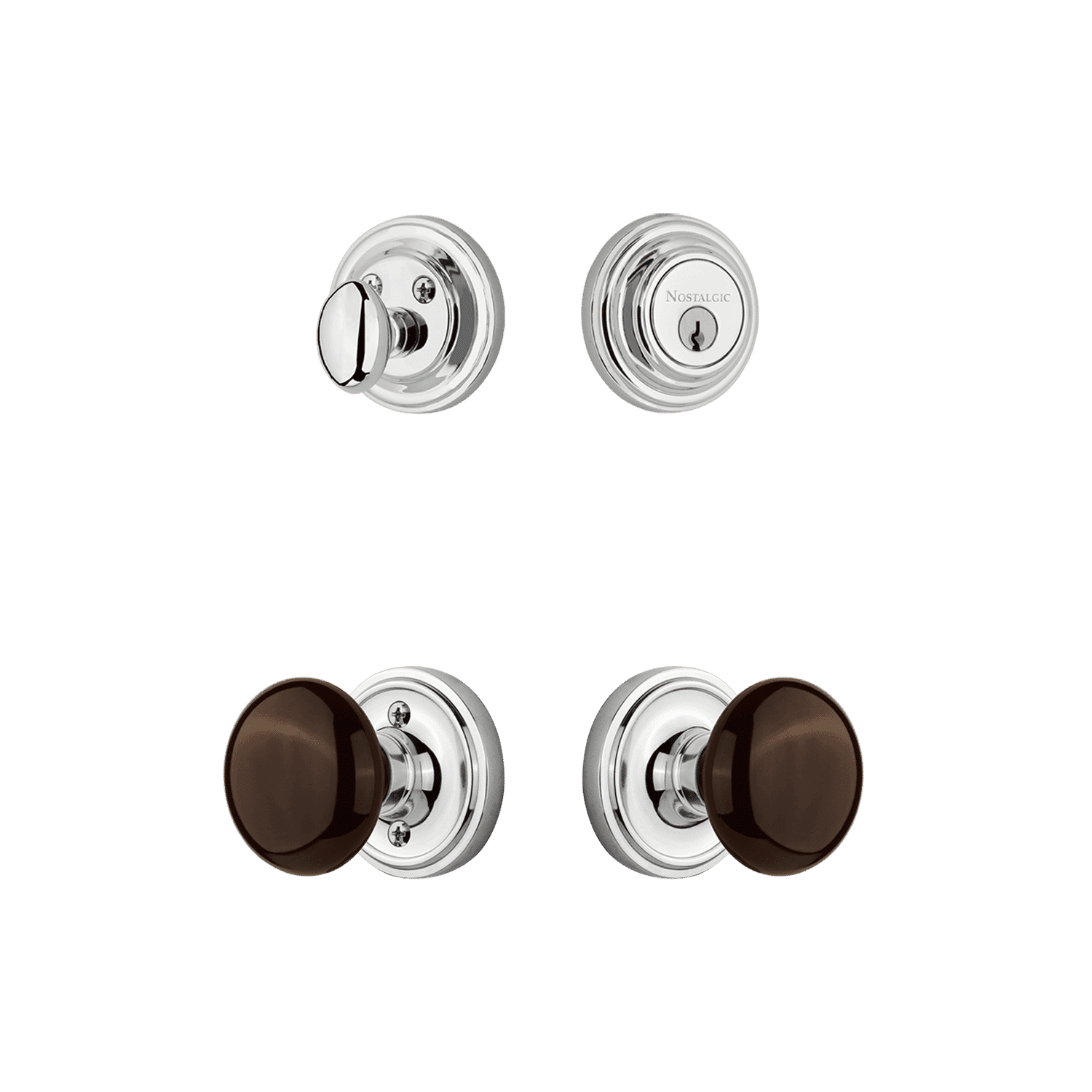 Vintage Rosette Entry Door Handle Set with Brown Porcelain Knob - Bright Chrome Finish for Classic Home & Office Doors | Perfect for Victorian, Craftsman & Traditional Style Houses