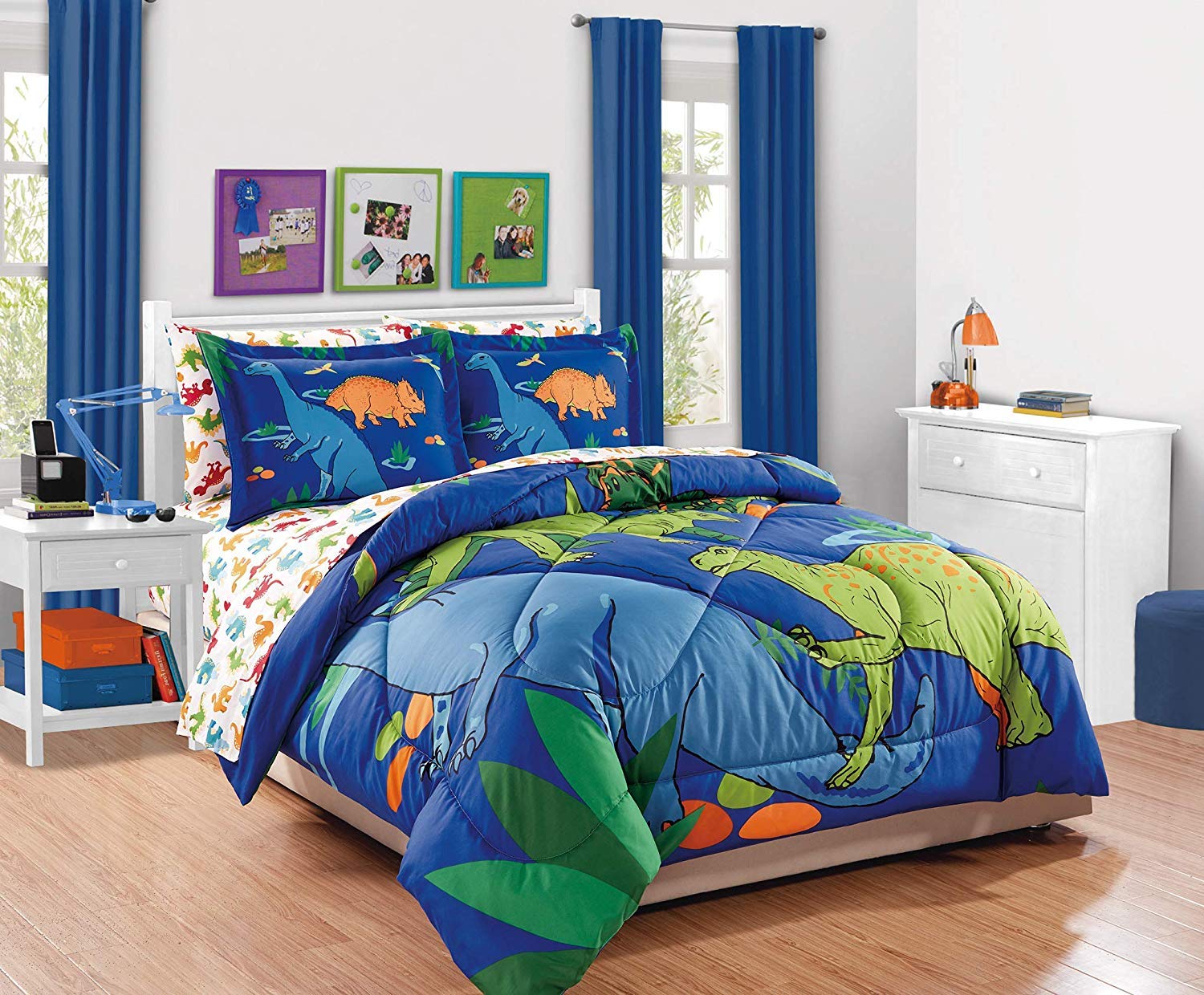 Stylish 7-Piece Dinosaur Comforter Set for Boys - Blue Green Orange Dino Print Queen Size Bed in a Bag with Sheet Set | Perfect for Kids' Bedroom Decor & Themed Sleepovers