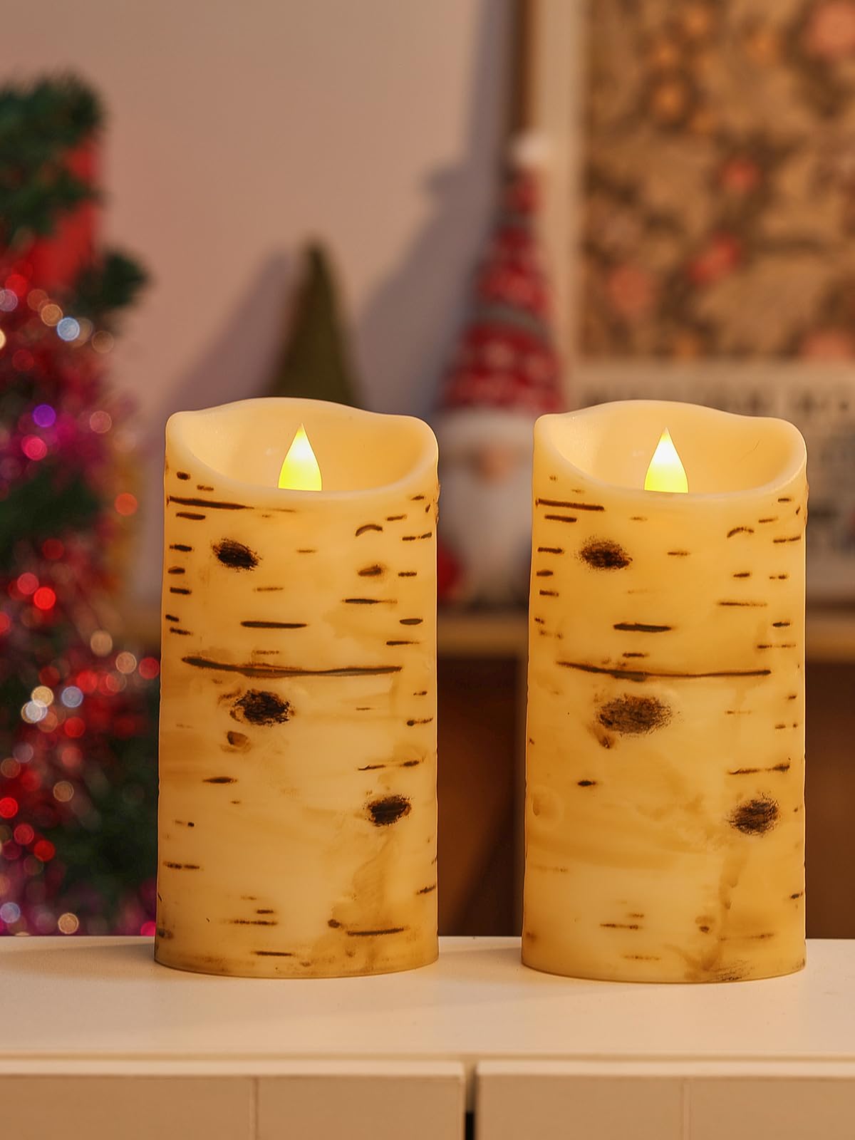 Flameless LED Candles with Timer - 2 Pack Realistic Birch Grain Battery Operated Fake Candles (3.25