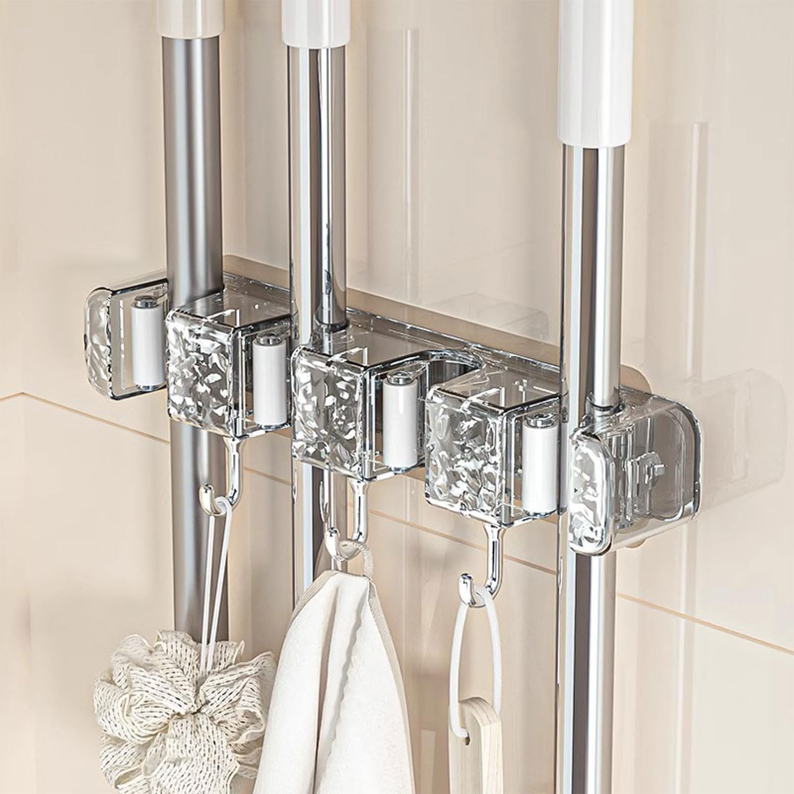 No-Punch Water Corrugated Mop Wall-Mounted Clip - Multi-Functional Broom Hanger Rack with Self-Adhesive - No-Drilling Kitchen Storage Organizer for Mops, Brooms & Cleaning Tools - Perfect for Bathroom, Garage & Utility Room Organization