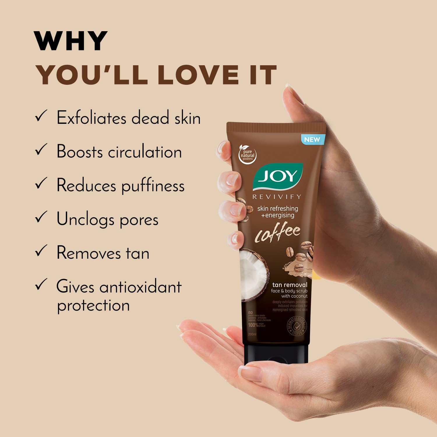 Joy Exfoliating Coffee Face & Body Scrub for Men & Women (200g) | Natural Coconut & Coffee Anti-Pollution Scrub | Deep Exfoliation & Dirt Removal | 100% Vegan, Gentle Skincare | Perfect for Daily Use & Post-Workout Cleansing