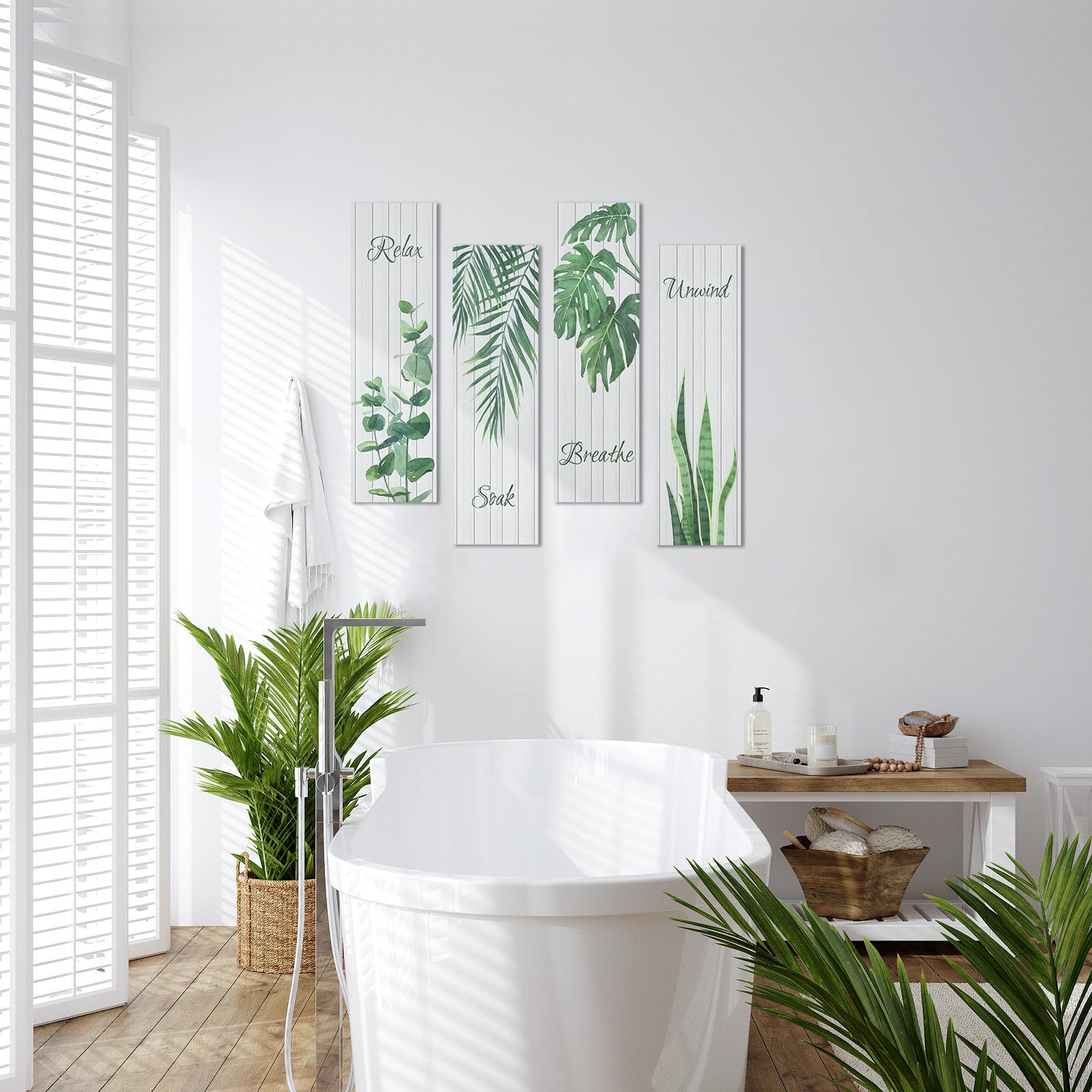 Rustic Farmhouse Bathroom Wall Art - 4 Pack Wooden Signs for Relaxing Soak & Decor