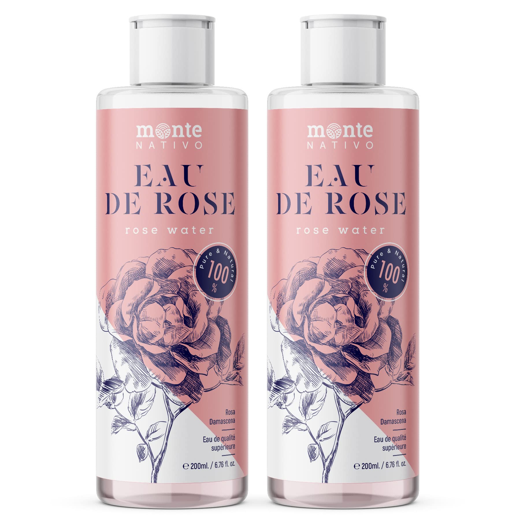 MonteNativo 100% Pure Rose Water - 2x200ml - Natural Rose Hydrosol, Triple Purified, Toning Facial Mist for Glowing Skin | Hydrating, Soothing & Refreshing for Daily Skincare, Makeup Setting & Aromatherapy