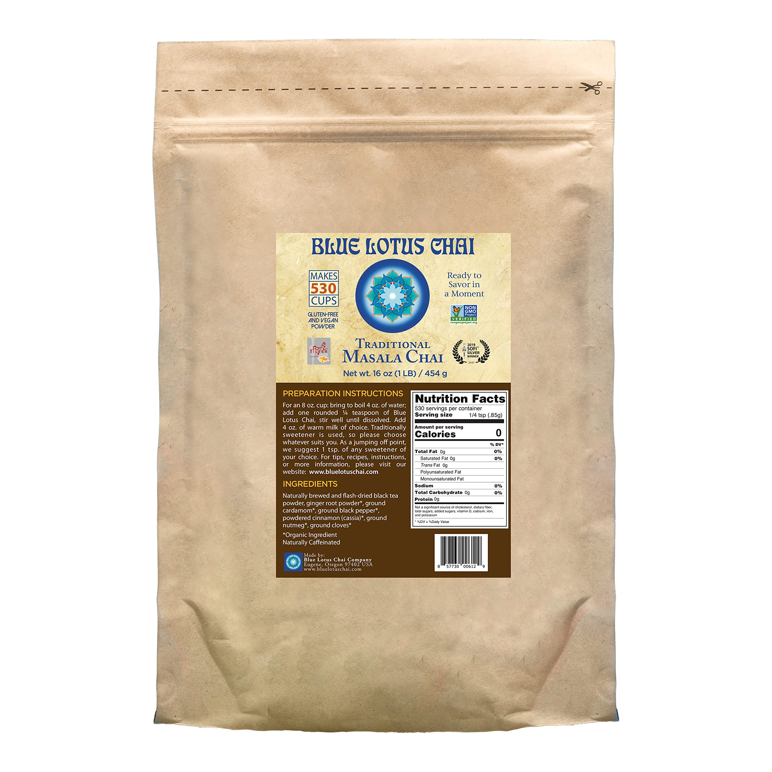 Blue Lotus Chai - Authentic Masala Chai Powder (1lb Bulk Bag) - Organic Spiced Indian Tea Mix - Makes 530 Cups - Instant, No Steeping, Gluten-Free - Perfect for Home, Office & Gifting