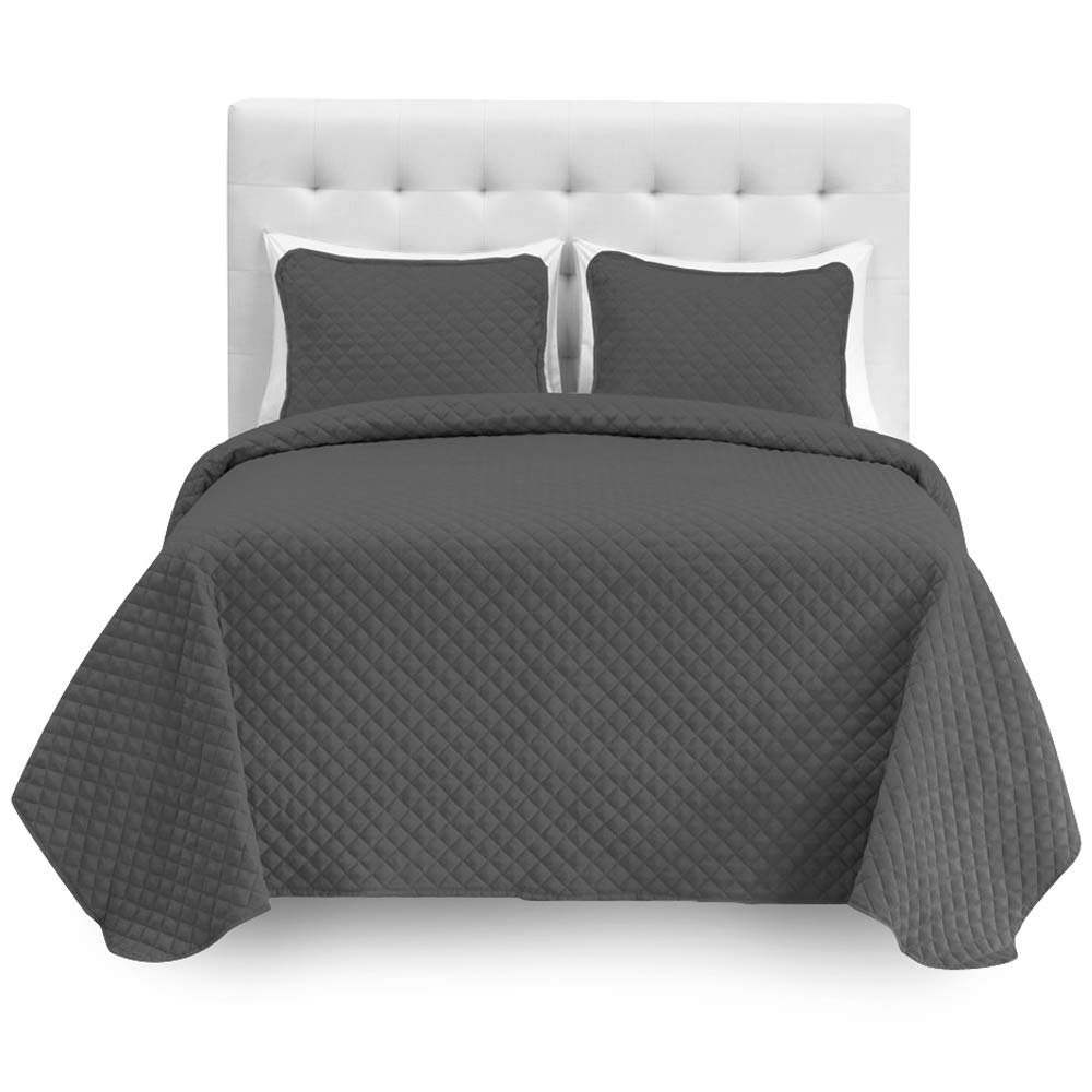 Bare Home 8-Piece Split King Coverlet & Microfiber Sheet Set - Diamond Stitched Lightweight Bedspread - Ultra Soft Grey Bedding for Master Bedroom & Guest Room