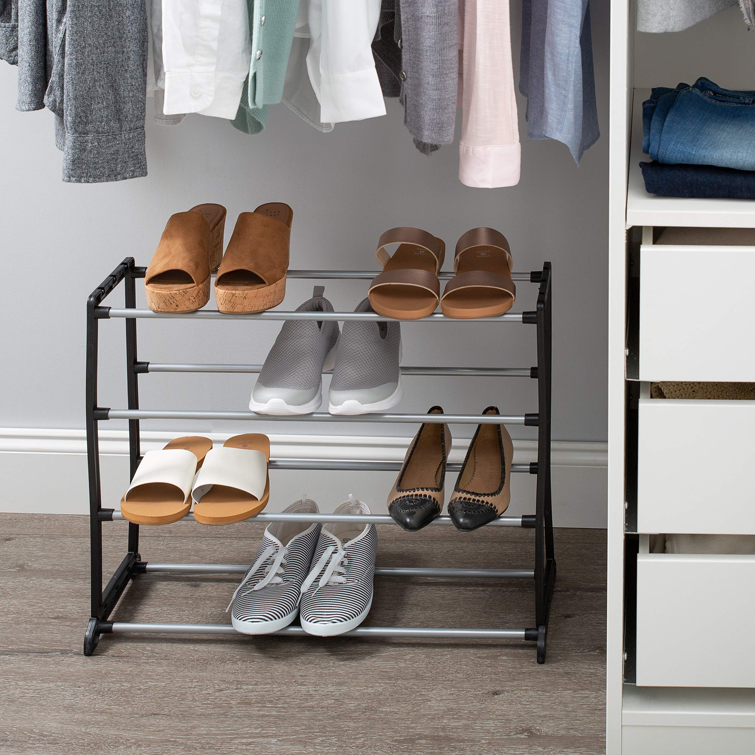 Space-Saving Stackable Shoe Rack Organizer - Holds 12 Pairs of Shoes for Sneakers, Boots, Loafers & Heels | Closet & Bedroom Storage Solution | Perfect for Small Spaces & Apartment Living (Black)