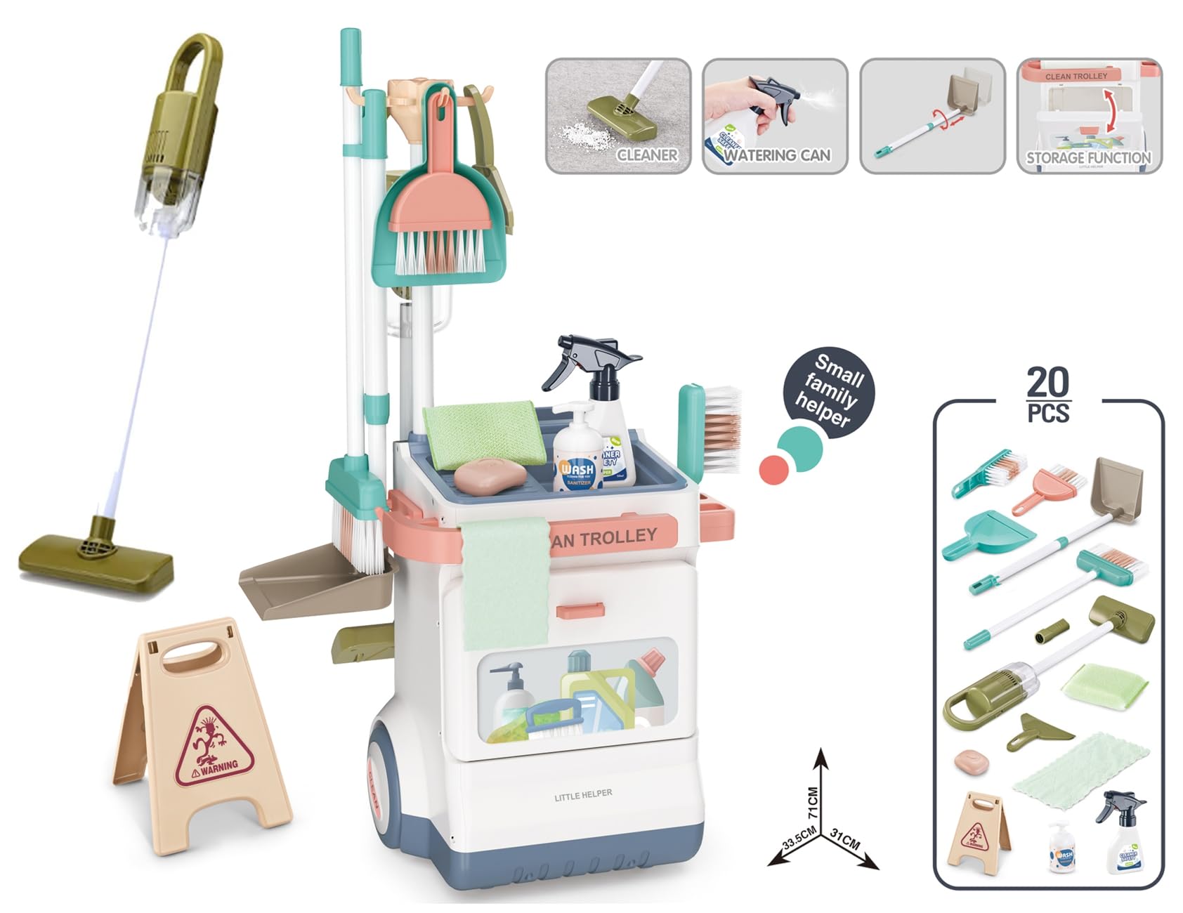 VALESSATI Kids Cleaning Cart Set with Toy Vacuum Cleaner - Fun Pretend Play Cleaning Toys for Boys & Girls Ages 3+ | Perfect for Role Play, Housekeeping Learning & Toddler Educational Activities