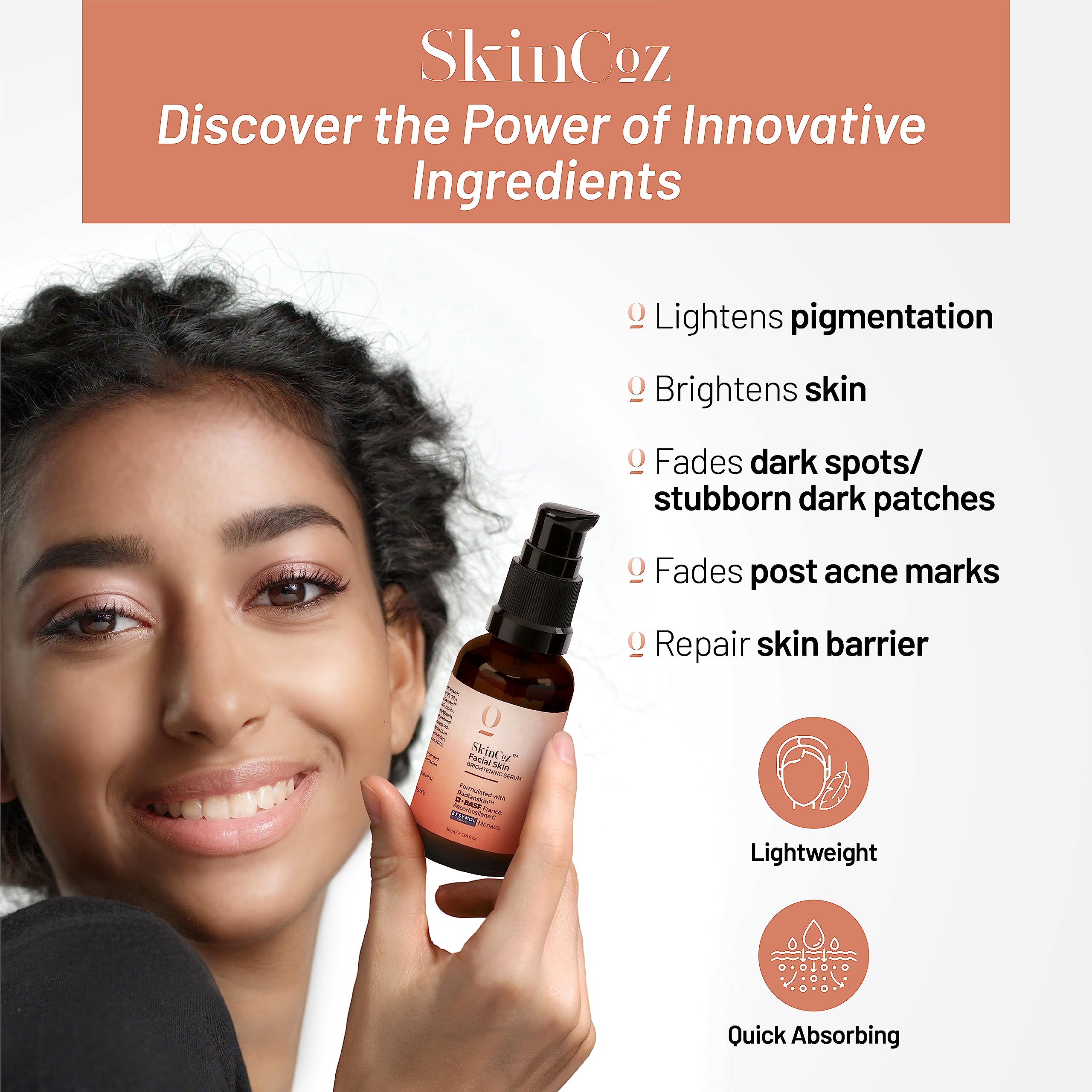 SkinCoz Brightening Facial Serum - Fades Pigmentation, Dark Spots & Acne Scars | 30ml Vitamin C Serum for Glowing Skin | Perfect for Night Routine & Hyperpigmentation Treatment