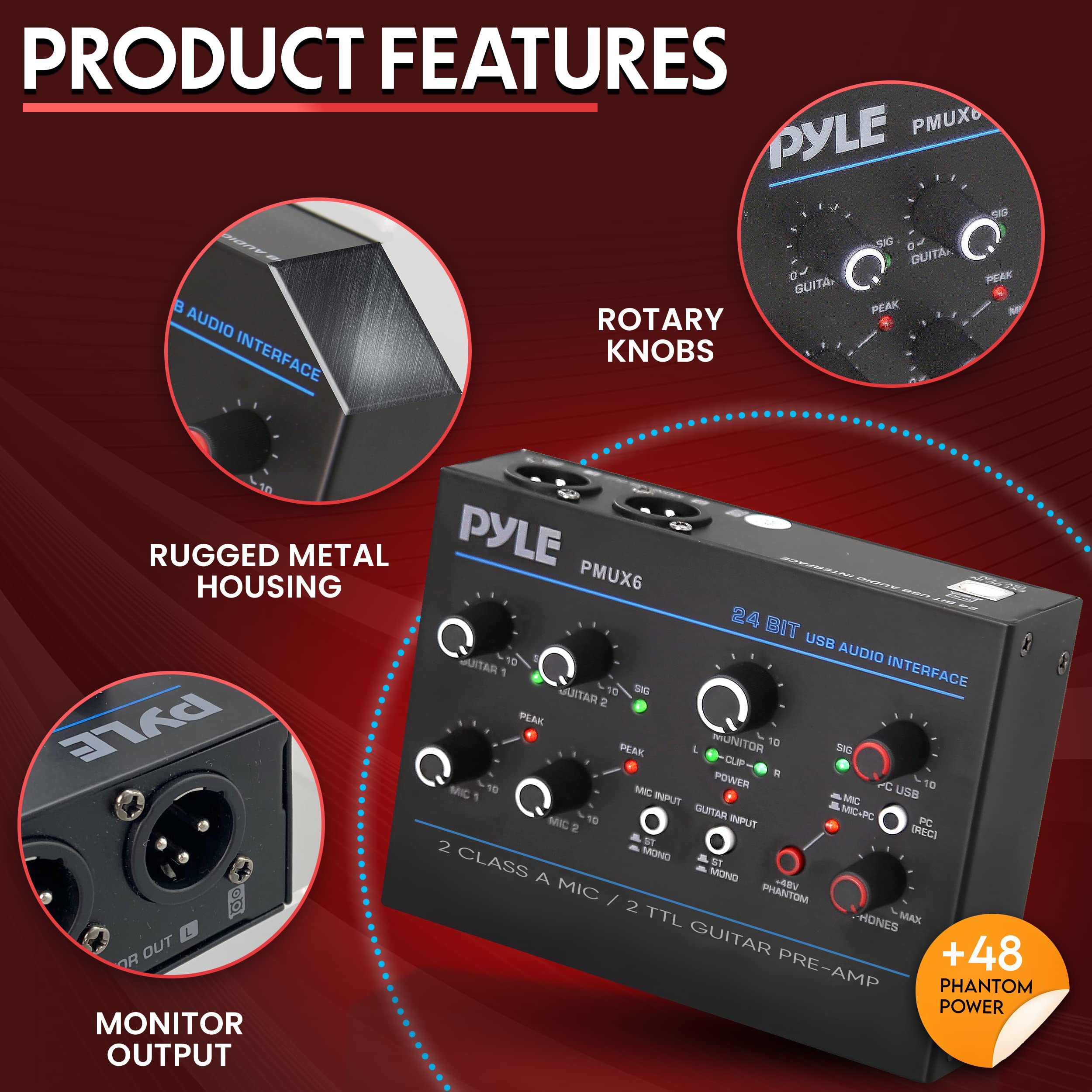 Pyle Professional USB Audio Interface with MIC, Guitar, AUX Stereo Inputs, Phone/Monitor Outputs - Compact Metal Housing for Computer Recording, Podcasting & Live Streaming (Model PMUX6) | Perfect for Home Studios, Musicians & Content Creators