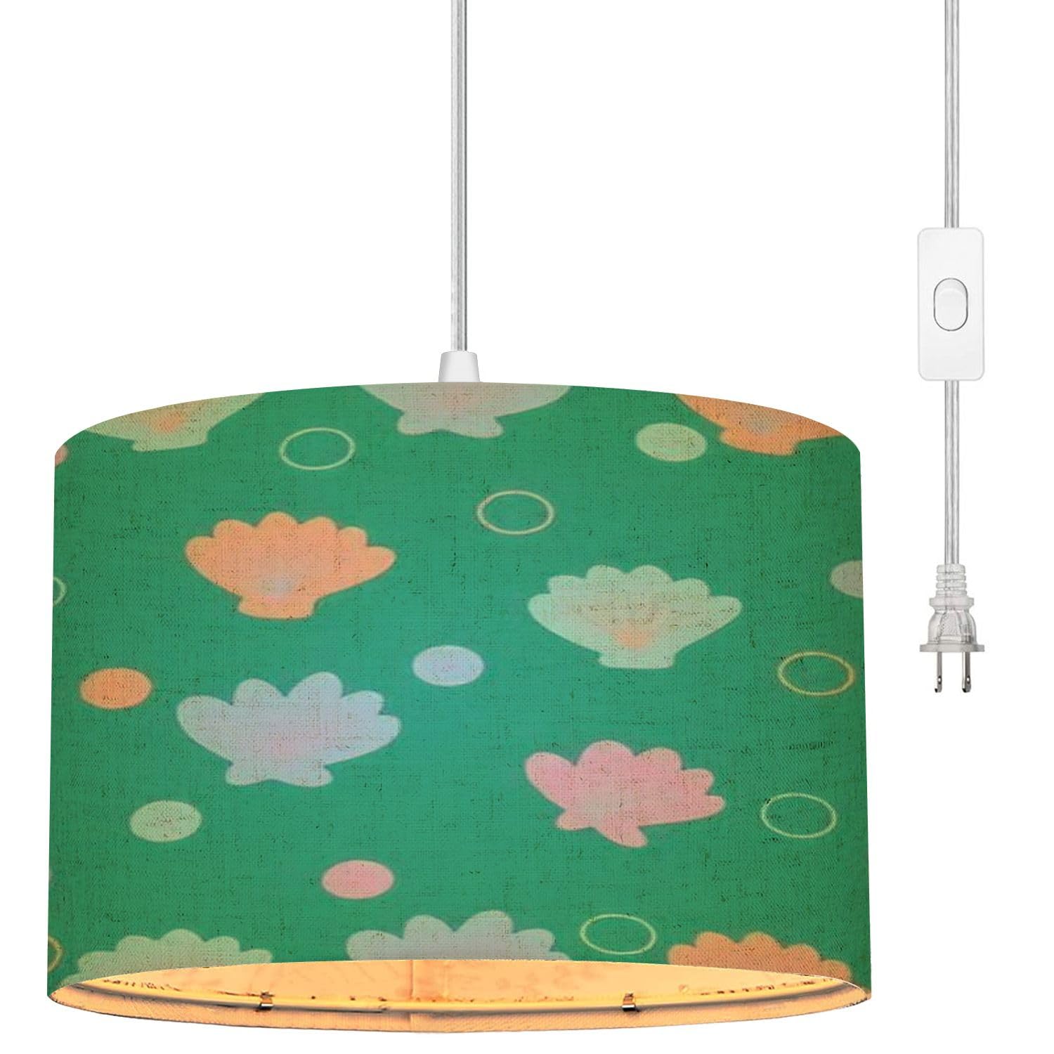 Colorful Abstract Seashell Plug-in Pendant Light - Dimmable Hanging Lamp with Clear Cord & Linen Lampshade for Bedroom, Living Room | Boho Coastal Decor, Dining Room Lighting, Nursery Accent Light