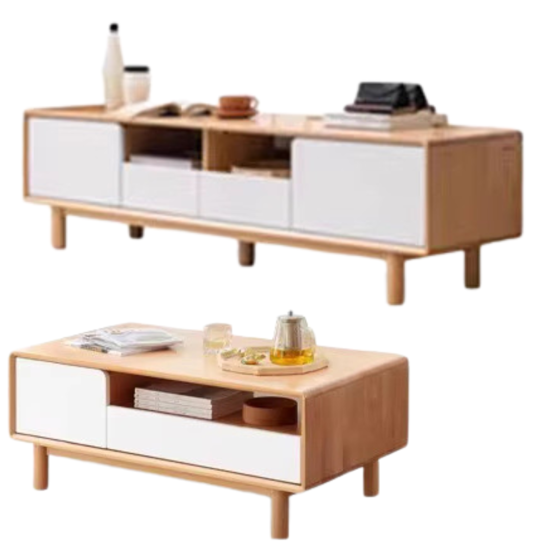 Solid Beech Wood Coffee Table - Rustic Warm Brown Finish for Living Room, Lounge & Home Decor
