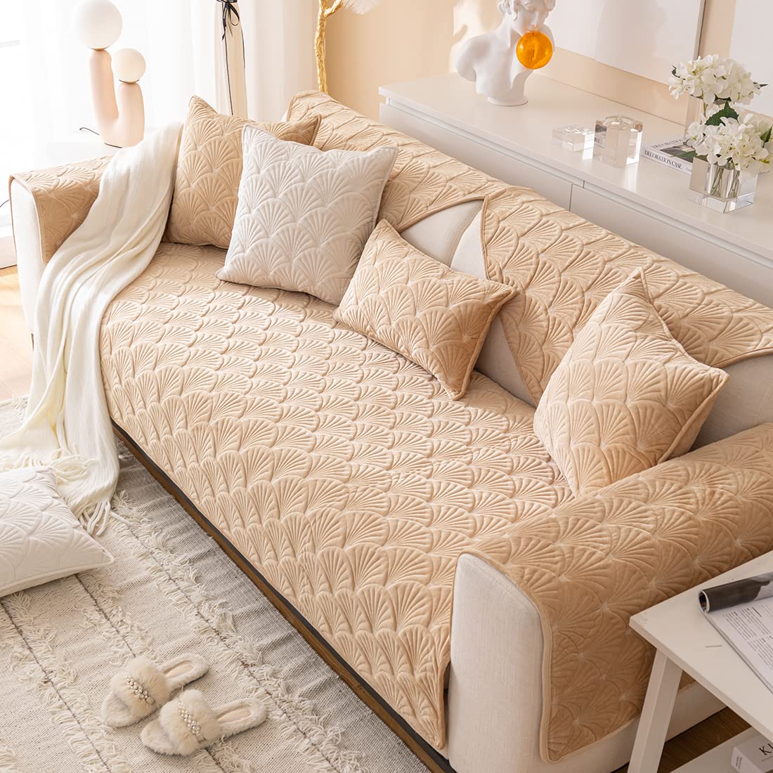 Super Soft Velvet Quilted Sofa Cover - Non-Slip Sectional Couch Slipcover with Leaf Pattern, Plush Furniture Protector for Pets & Kids (36
