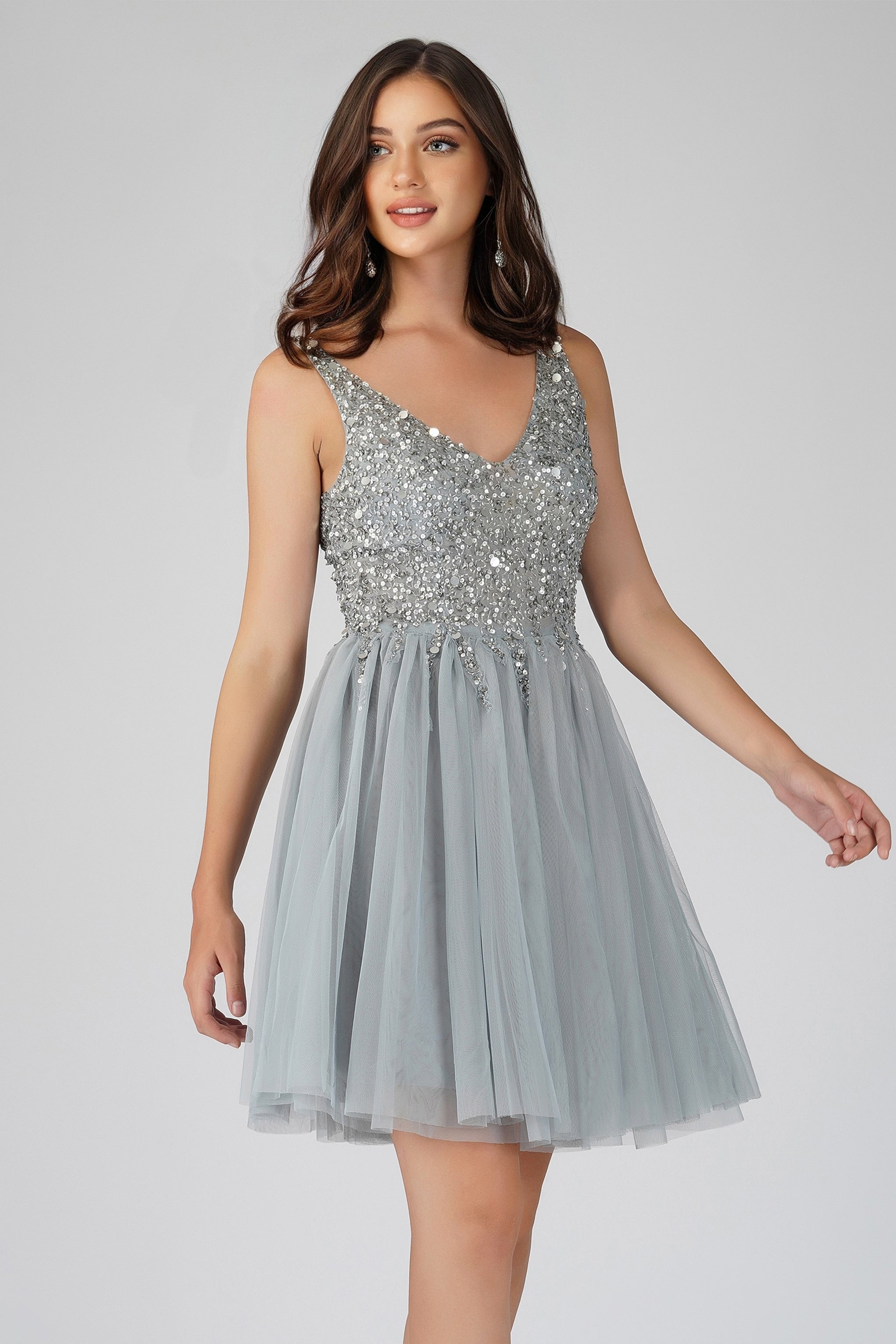 Symphony Light Grey Embellished Mini Dress for Women - Elegant Party Cocktail Dress for Night Out, Date Night, and Special Occasions