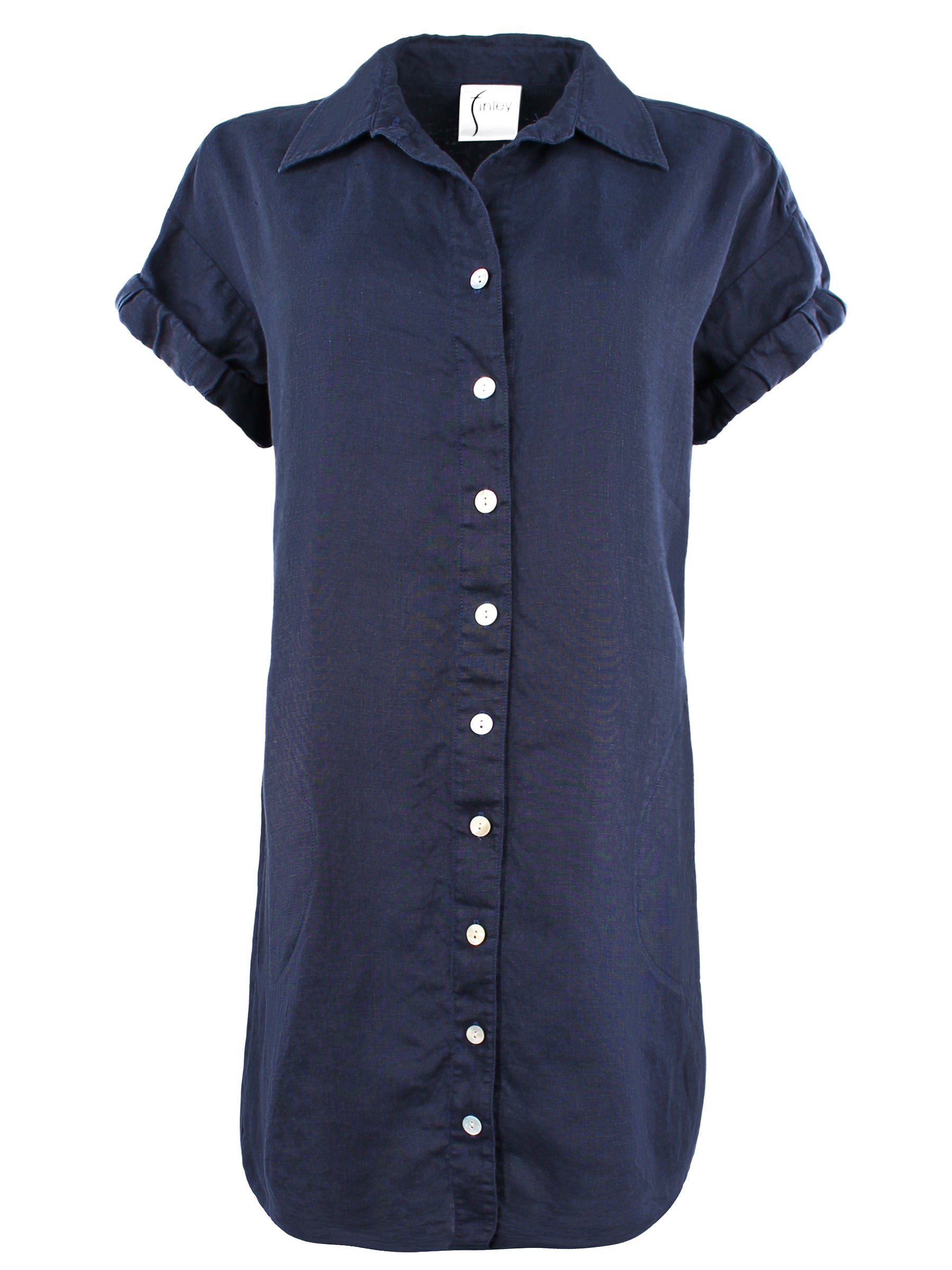 Roll Sleeve Camp Shirt Dress - Navy Washed Linen Women's Casual Dress for Summer, Beach, and Outdoor Activities