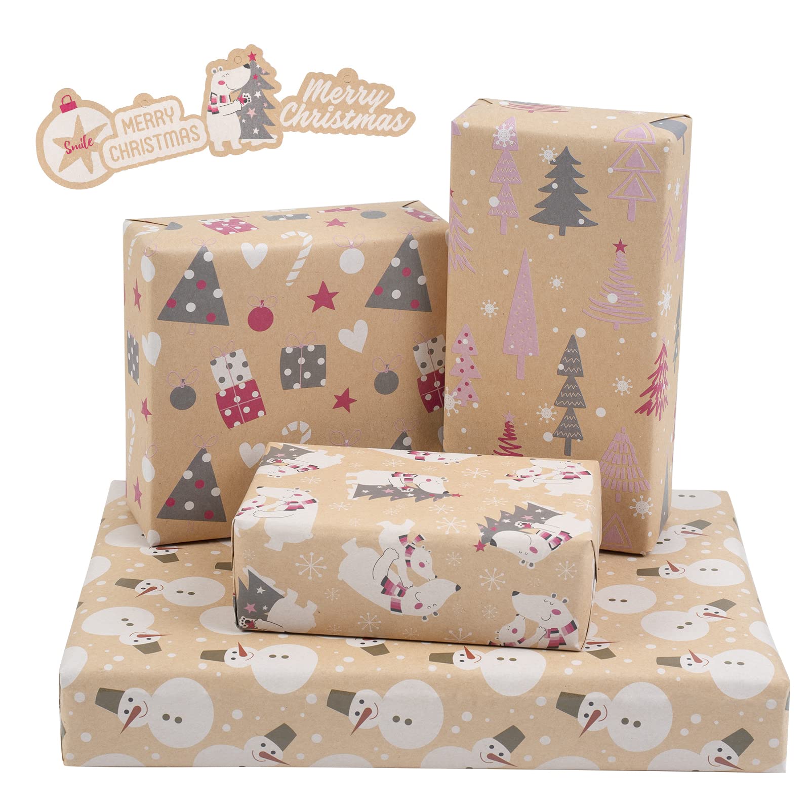 BIOBROWN Christmas Wrapping Paper Set - 4 Large Kraft Gift Wrapping Sheets (27.5x39.4 Inches) with Bonus Gift Tags - Eco-Friendly Holiday Present Wrapping for Christmas Gifts, Parties & Home Decor